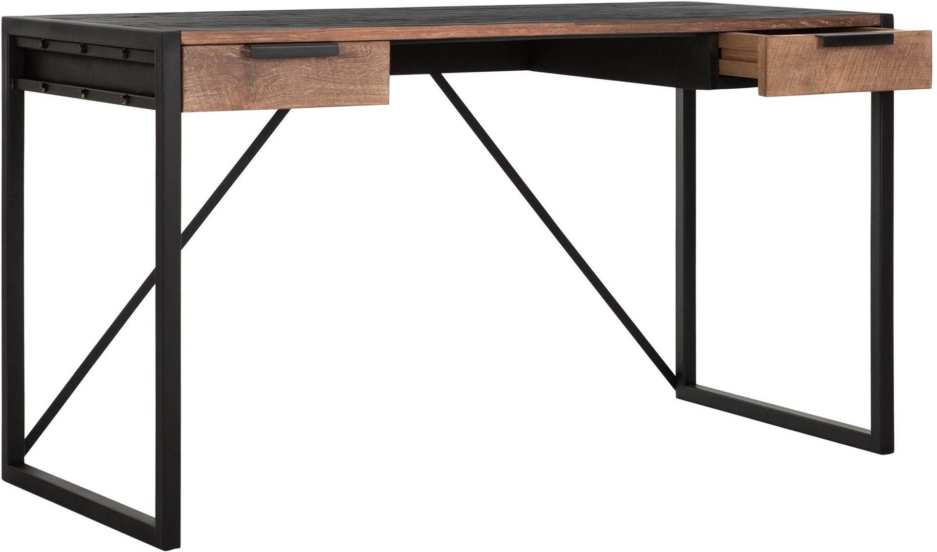 Der Schreibtisch Cosmo wurde aus recyceltem Teakholz gefertigt, welches einen natürlichen Farbton besitzt. Das Gestell ist aus Metall und ist Schwarz. Der Schreibtisch verfügt über zwei Schubladen.