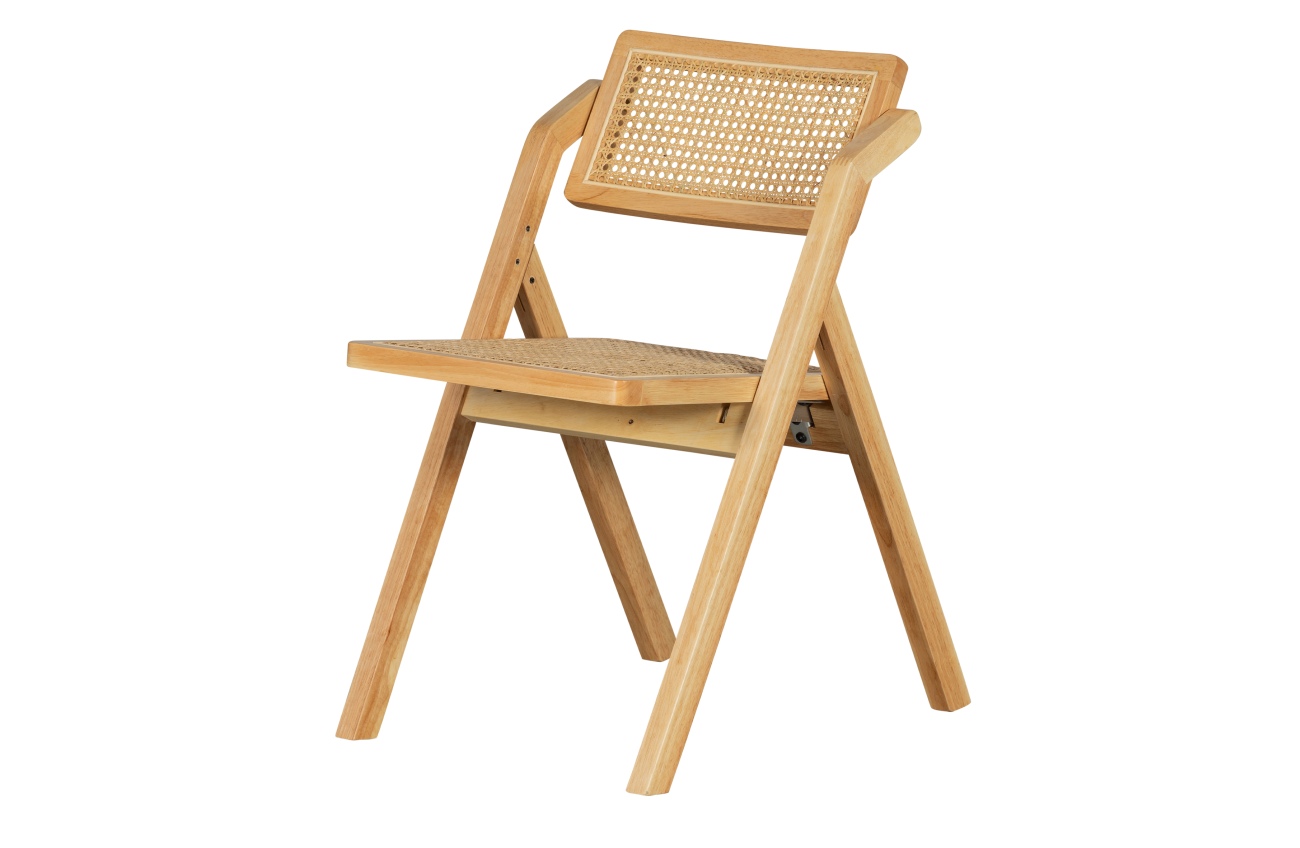 Der Klappstuhl Weft überzeugt mit seinem modernen Design. Gefertigt wurde er aus Rattan, welcher einen natürlichen Farbton besitzt. Das Gestell ist aus Holz und hat eine natürliche Farbe. Der Stuhl besitzt eine Größe von 77x47x60  cm.