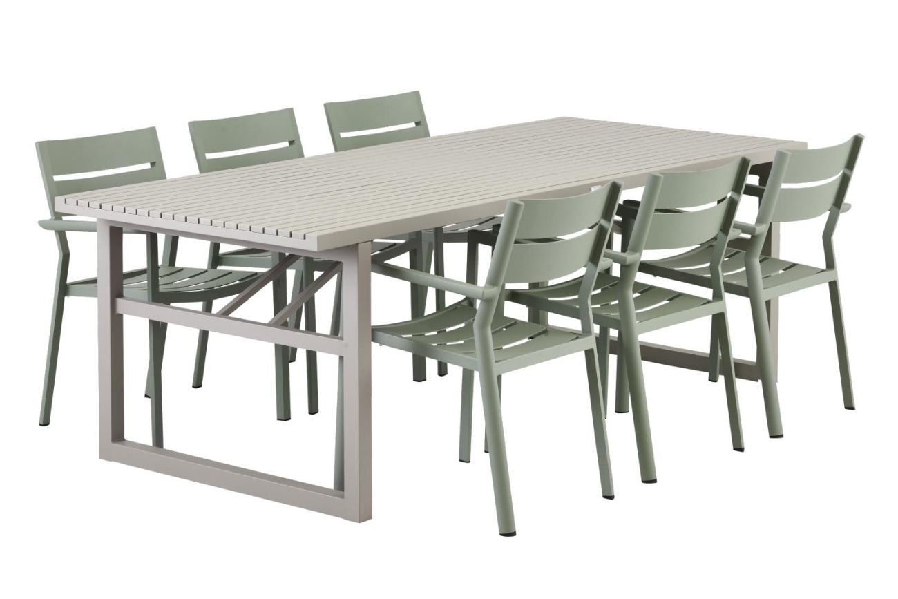 Der Gartenesstisch Vevi überzeugt mit seinem modernen Design. Gefertigt wurde die Tischplatte aus Metall, welche einen Kaki Farbton besitzt. Das Gestell ist auch aus Metall und hat eine Kaki Farbe. Der Tisch besitzt eine Länge von 230 cm.