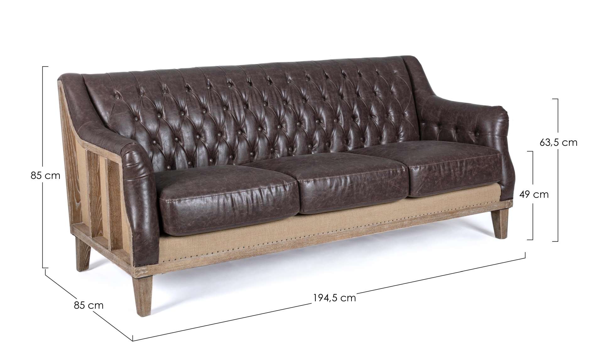 Das Sofa Raymond überzeugt mit seinem klassischen Design. Gefertigt wurde es aus Kunstleder, welches einen braunen Farbton besitzt. Das Gestell ist aus Eschenholz und hat eine natürliche Farbe. Das Sofa ist in der Ausführung als 3-Sitzer. Die Breite beträ