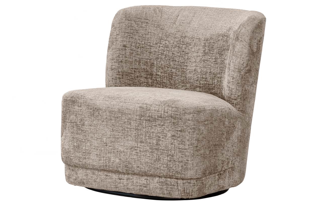 Der Sessel Atty überzeugt mit seinem modernen Design. Gefertigt wurde er aus Samt, welcher einen Sand Farbton besitzt. Das Gestell ist aus Metall und hat eine schwarze Farbe. Der Sessel besitzt eine Sitzhöhe von 42 cm und ist drehbar.