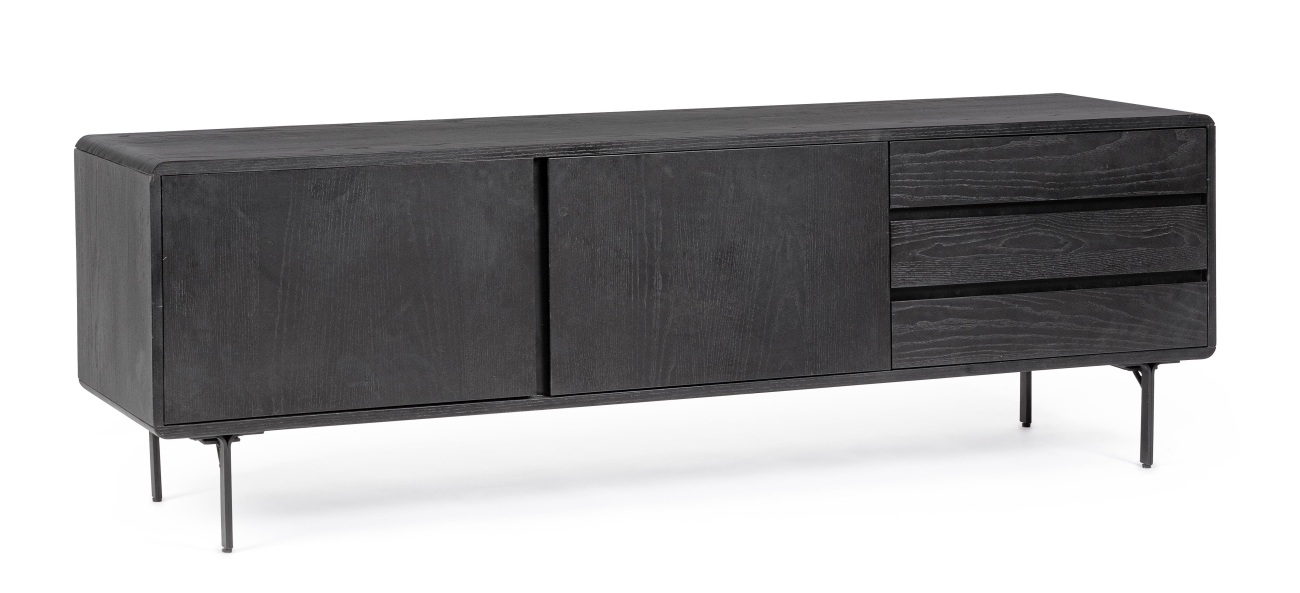 Das TV Board Widald überzeugt mit seinem modernen Design. Gefertigt wurde es aus Eschenholz, welches einen schwarzen Farbton besitzt. Das Gestell ist aus Metall und hat eine schwarze Farbe. Das TV Board besitzt eine Breite von 160 cm.