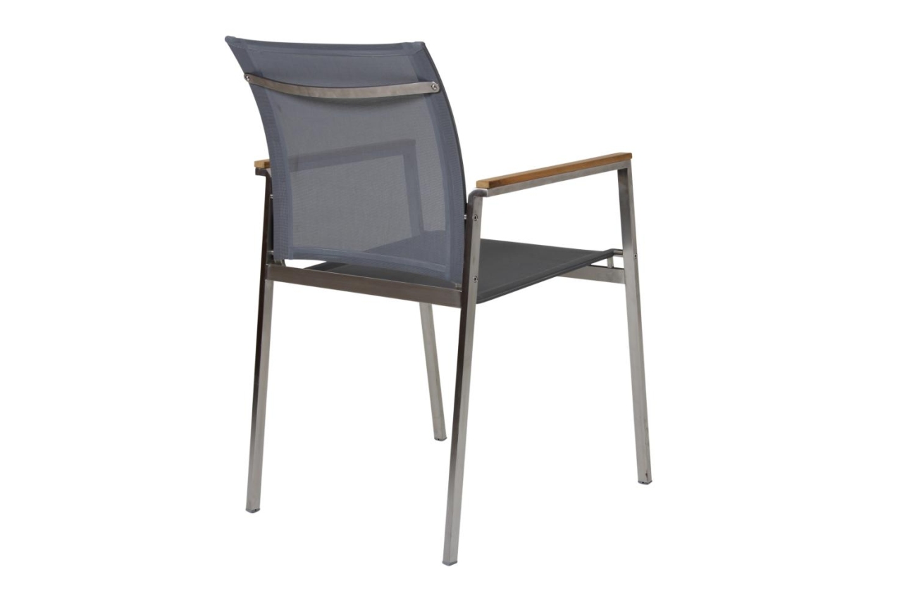 Der Gartenstuhl Hinton überzeugt mit seinem modernen Design. Gefertigt wurde er aus Textilene, welches einen grauen Farbton besitzt. Das Gestell ist aus Metall und hat eine silberne Farbe. Die Sitzhöhe des Stuhls beträgt 45 cm.