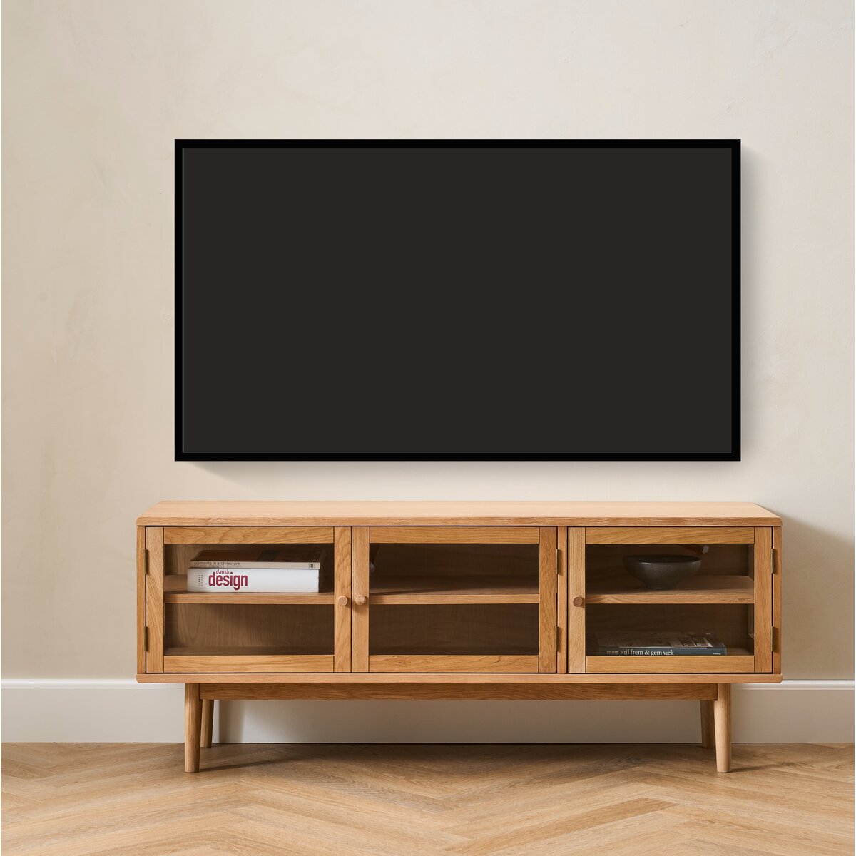 TV-Board Gobens Eiche Natur 137 cm - TV-Möbel mit Glastüren, FSC-zertifiziert