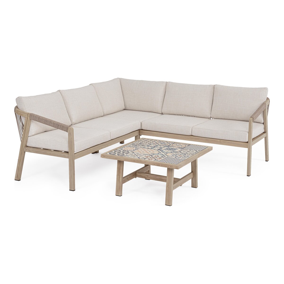 Gartenecksofa Kalimera - Aluminium Timber Natur, Olefin Beige, inkl. Couchtisch