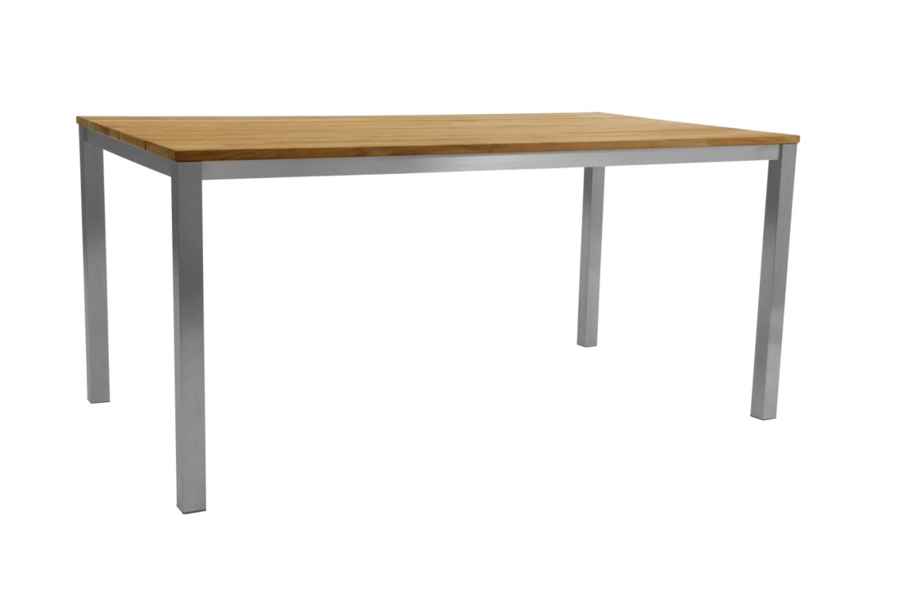 Der Gartenesstisch Hinton überzeugt mit seinem modernen Design. Gefertigt wurde die Tischplatte aus Teakholz und besitzt einen natürlichen Farbton. Das Gestell ist auch aus Metall und hat eine silberne Farbe. Der Tisch besitzt eine Länger von 200 cm.
