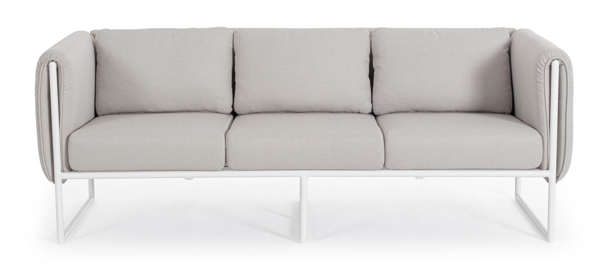 Das Gartensofa Pixel überzeugt mit seinem modernen Design. Gefertigt wurde es aus Olefin-Stoff, welcher einen grauen Farbton besitzt. Das Gestell ist aus Aluminium und hat eine weiße Farbe. Das Sofa verfügt über eine Sitzhöhe von 42 cm und ist für den Out