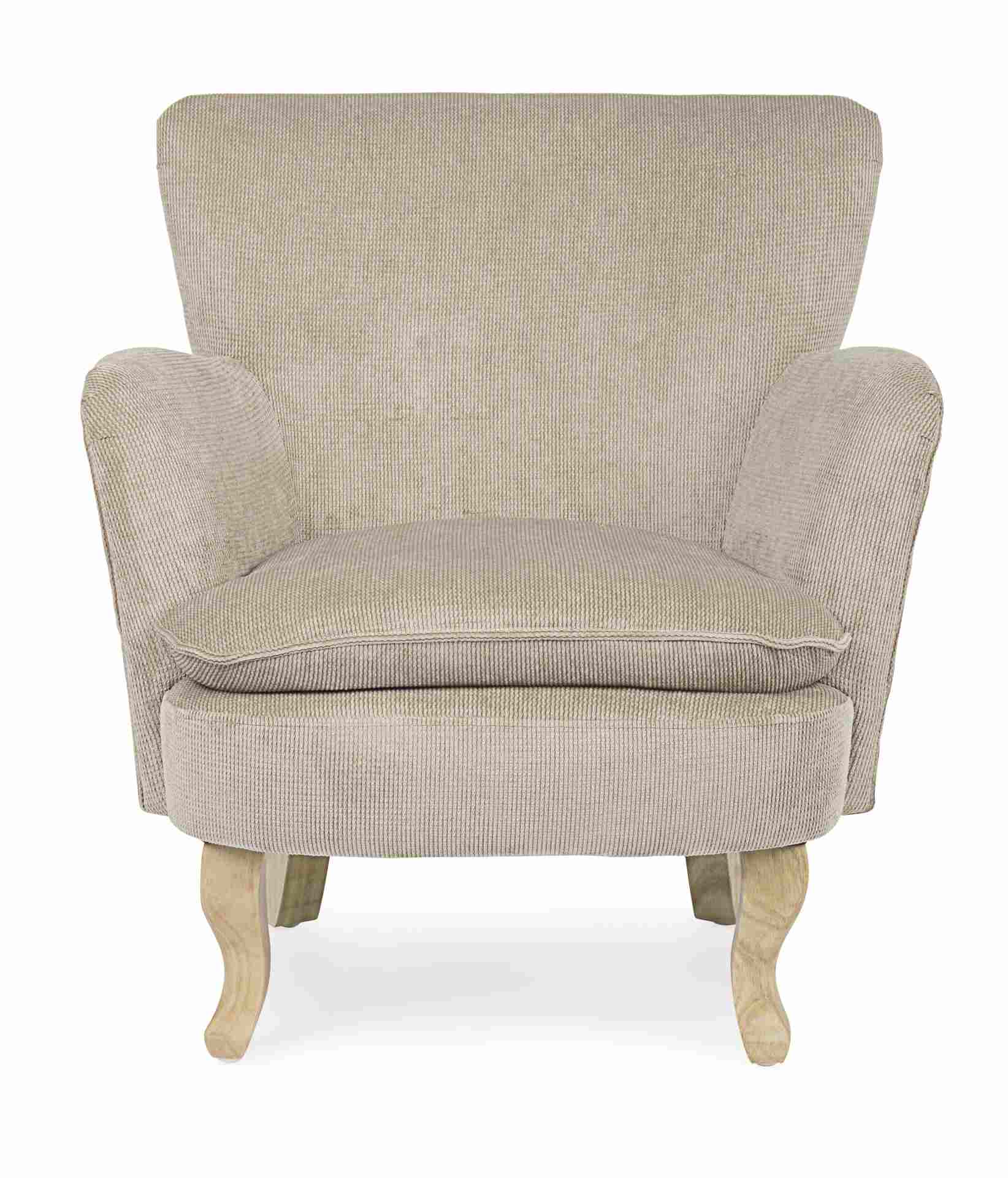 Der Sessel Chenille überzeugt mit seinem klassischen Design. Gefertigt wurde er aus Stoff in Cord-Optik, welcher einen Taupe Farbton besitzt. Das Gestell ist aus Kautschukholz und hat eine natürliche Farbe. Der Sessel besitzt eine Sitzhöhe von 45 cm. Die 