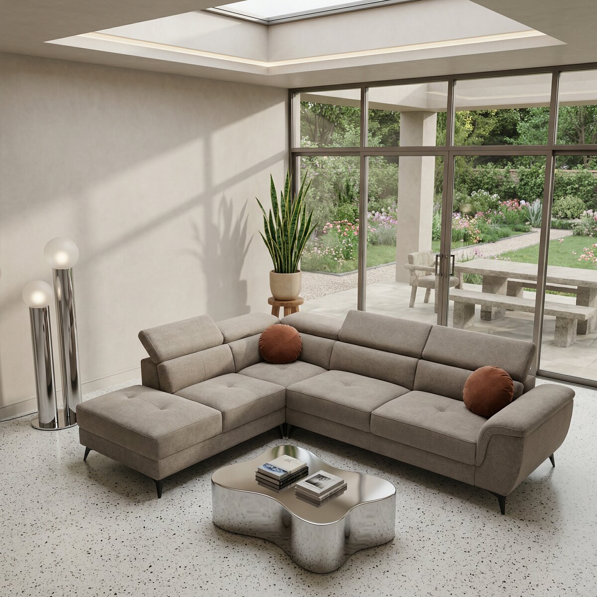 Ecksofa Sibet Links Taupe - mit OEKO-TEX Bezug & Kopfstütze