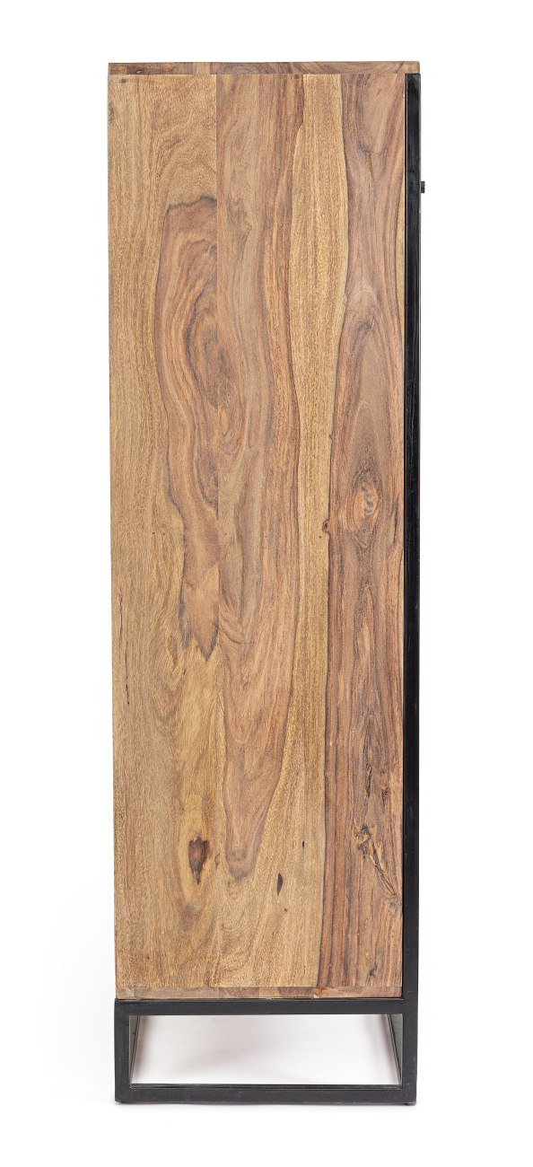 Das Highboard Nartan überzeugt mit seinem modernen Stil. Gefertigt wurde es aus Sheesham-Holz, welches einen natürlichen Farbton besitzt. Das Gestell ist aus Metall und hat eine schwarze Farbe. Das Highboard verfügt über vier Türen und eine Schublade.