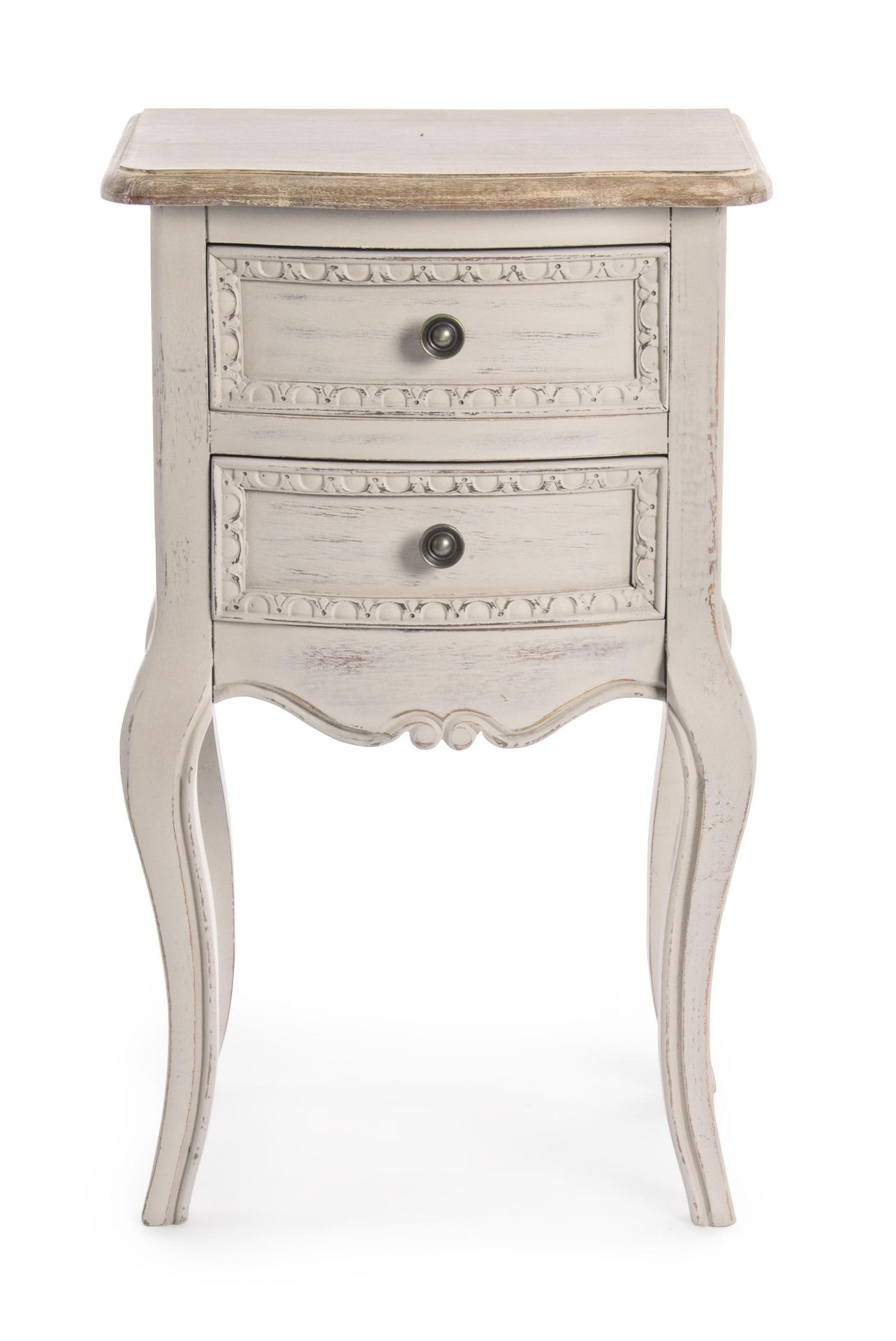 Der Nachttisch Clarissa überzeugt mit seinem klassischen Design. Gefertigt wurde er aus Paulowniaholz, welches einen grauen Farbton besitzt. Das Gestell ist auch aus Paulowniaholz. Der Nachttisch verfügt über zwei Schubladen. Die Breite beträgt 40 cm.