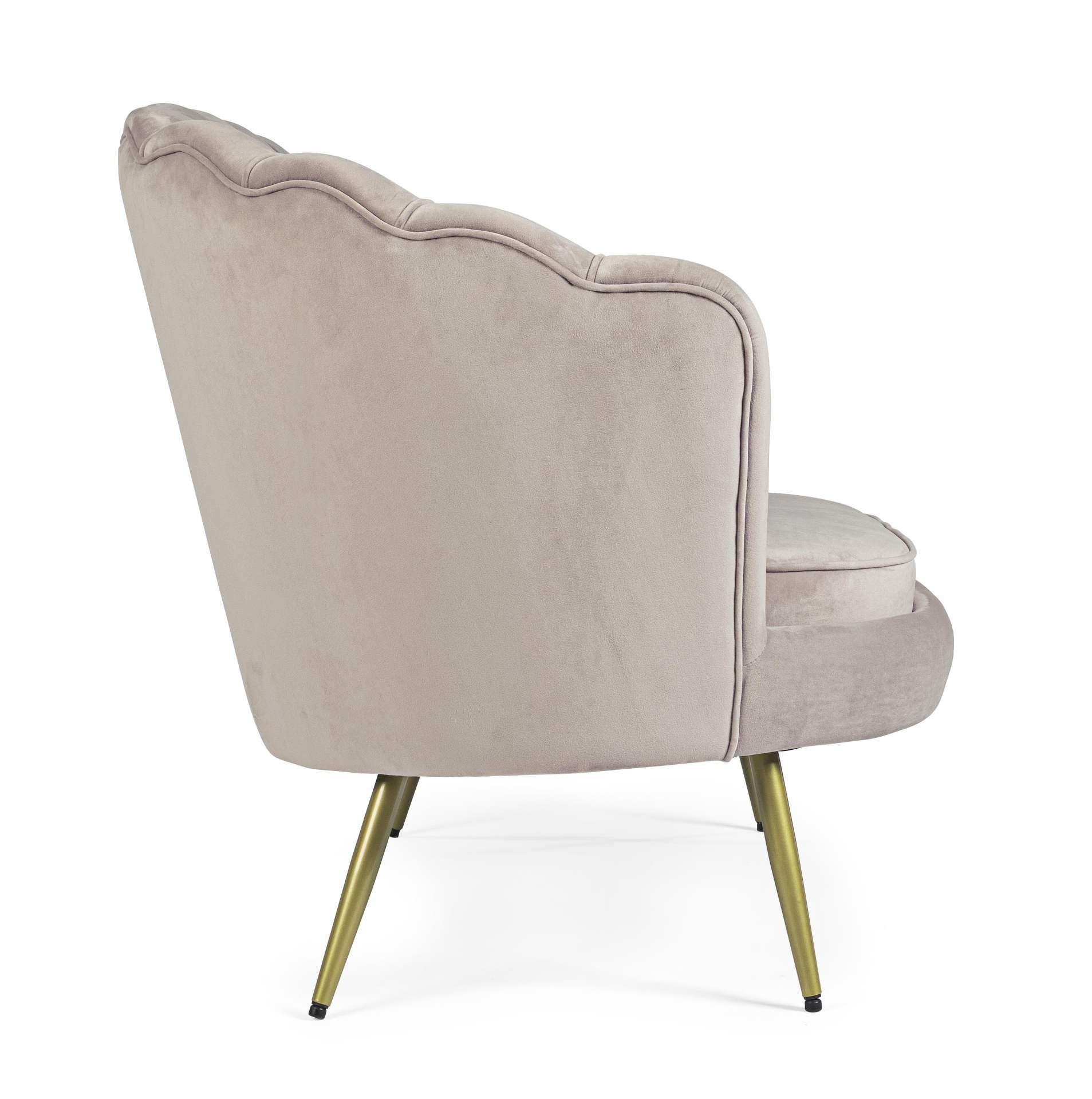 Das Sofa Giliola überzeugt mit seinem modernen Design. Gefertigt wurde es aus Stoff in Samt-Optik, welcher einen hellgrauen Farbton besitzt. Das Gestell ist aus Metall und hat eine goldene Farbe. Das Sofa ist in der Ausführung als 2-Sitzer. Die Breite bet