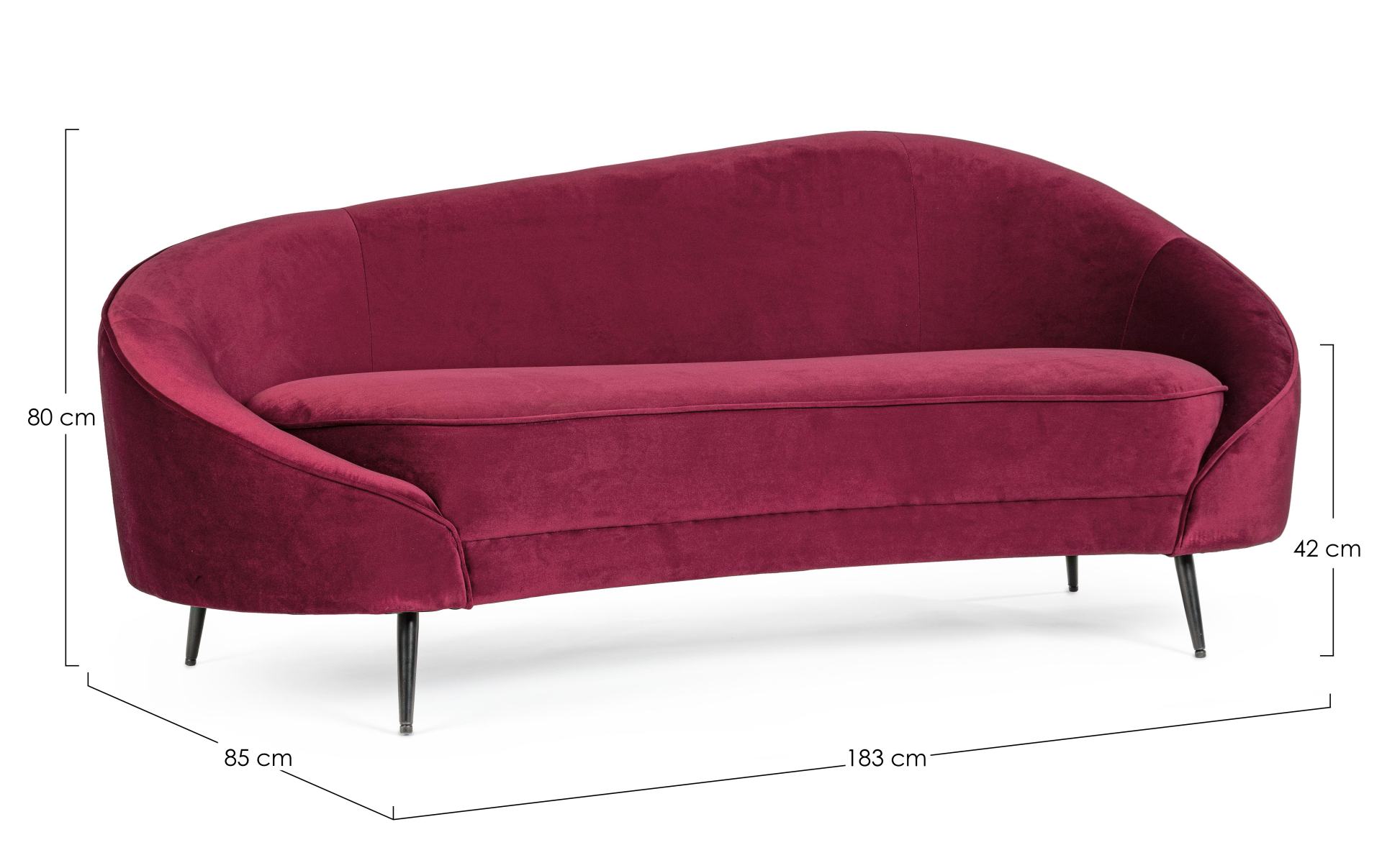 Das Sofa Seraphin überzeugt mit seinem modernen Design. Gefertigt wurde es aus Stoff in Samt-Optik, welcher einen roten Farbton besitzt. Das Gestell ist aus Metall und hat eine schwarze Farbe. Das Sofa ist in der Ausführung als 2-Sitzer. Die Breite beträg