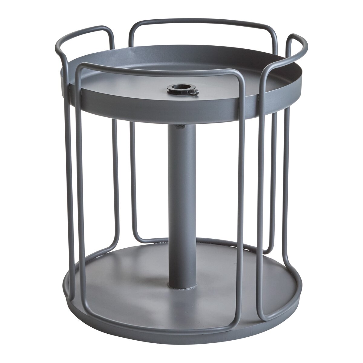 Gartenbeistelltisch Shady aus pulverbeschichtetem Metall, modern, rund, anthrazit, auch als Sonnenschirmständer nutzbar