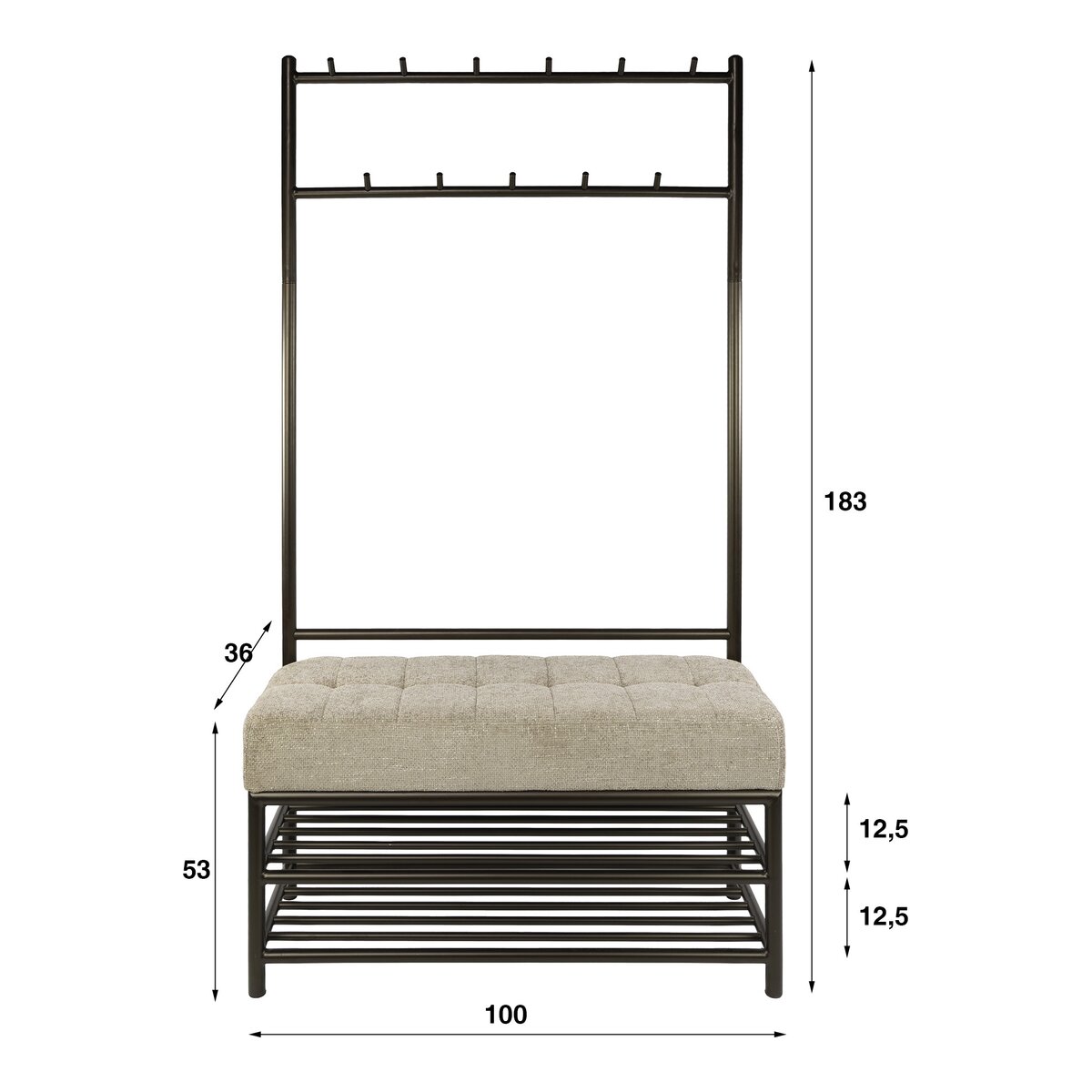 Garderobenbank Onul Bronze mit Sitzfläche und 11 Haken, 100 cm
