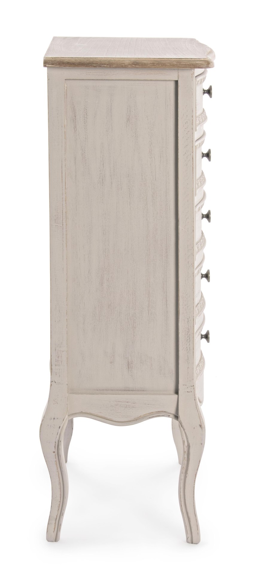 Die Kommode Clarisse überzeugt mit ihrem klassischen Design. Gefertigt wurde sie aus Paulowniaholz, welches einen grauen Farbton besitzt. Das Gestell ist auch aus Paulownia. Die Kommode verfügt über fünf Schubladen. Die Breite beträgt 48 cm.