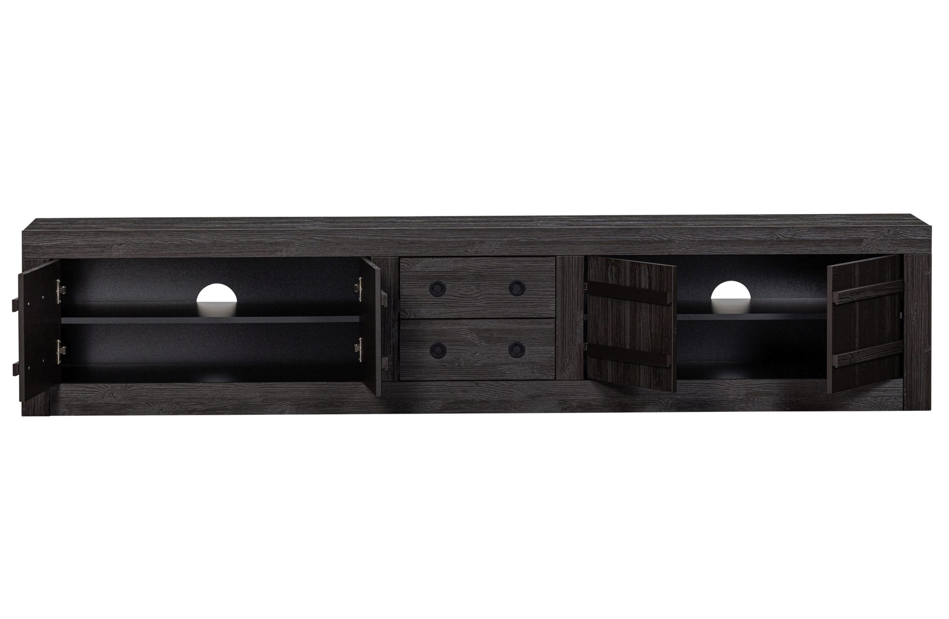 Das TV-Board Hiku überzeugt mit seinem moderndem Design. Gefertigt wurde es aus Kiefernholz, welches einen dunkelbraunen Farbton besitzt. Das TV-Board verfügt über vier Türen und zwei Schubladen. Die Breite beträgt 220 cm.