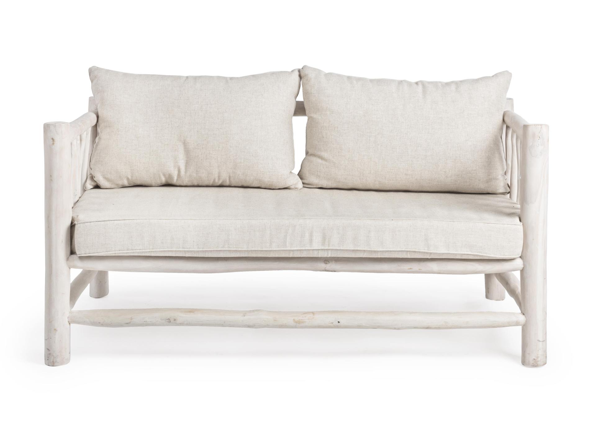 Das Sofa Sahel überzeugt mit seinem klassischen Design. Gefertigt wurde es aus Teakholz, welches einen weißen Farbton besitzt. Die Kissen sind aus einem Mix aus Baumwolle und Leinen. Das Sofa ist in der Ausführung als 2-Sitzer. Die Breite beträgt 140 cm.