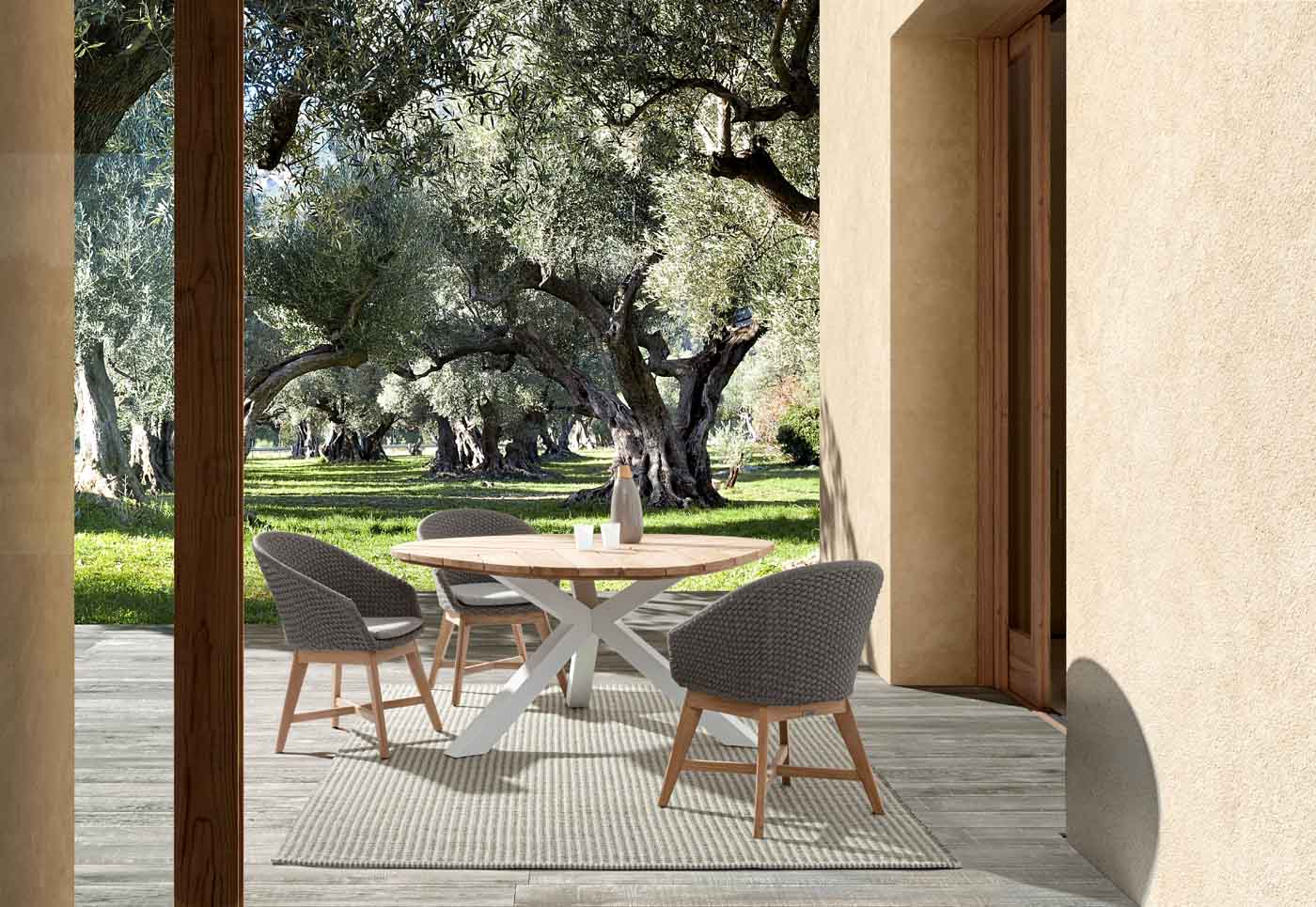 Wunderschöner Gartentisch Palmdale mit runder Platte. Der Tisch besteht aus einer Platte aus Teakholz und einem Gestell aus Aluminium