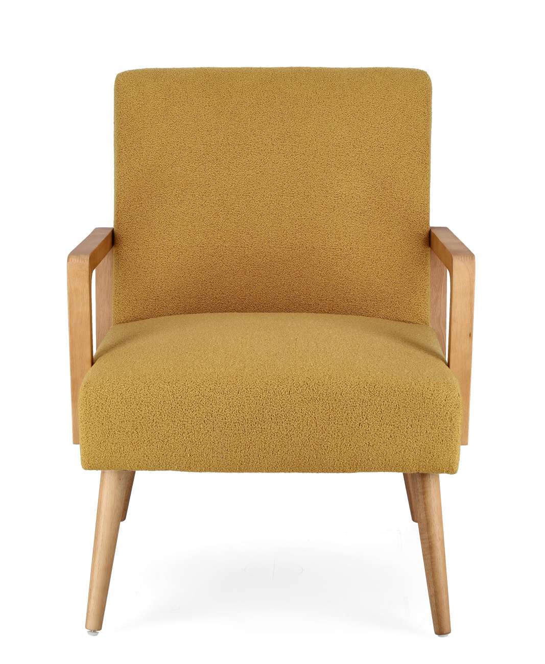 Der Sessel Verina überzeugt mit seinem modernen Stil. Gefertigt wurde er aus einem Stoff-Bezug, welcher einen Senf Farbton besitzt. Das Gestell ist aus Kautschukholz und hat eine natürliche Farbe. Der Sessel verfügt über eine Armlehne.