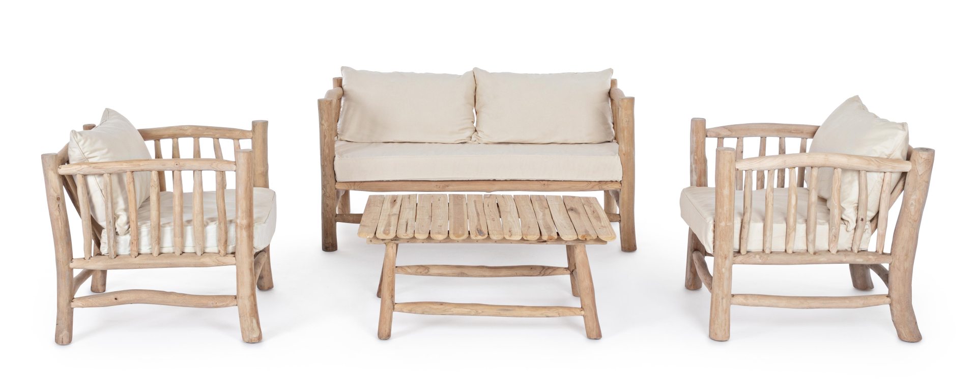 Das Sofa Sahel überzeugt mit seinem klassischen Design. Gefertigt wurde es aus Teakholz, welches einen natürlichen Farbton besitzt. Die Kissen sind aus einem Mix aus Baumwolle und Leinen. Das Sofa ist in der Ausführung als 2-Sitzer. Die Breite beträgt 140