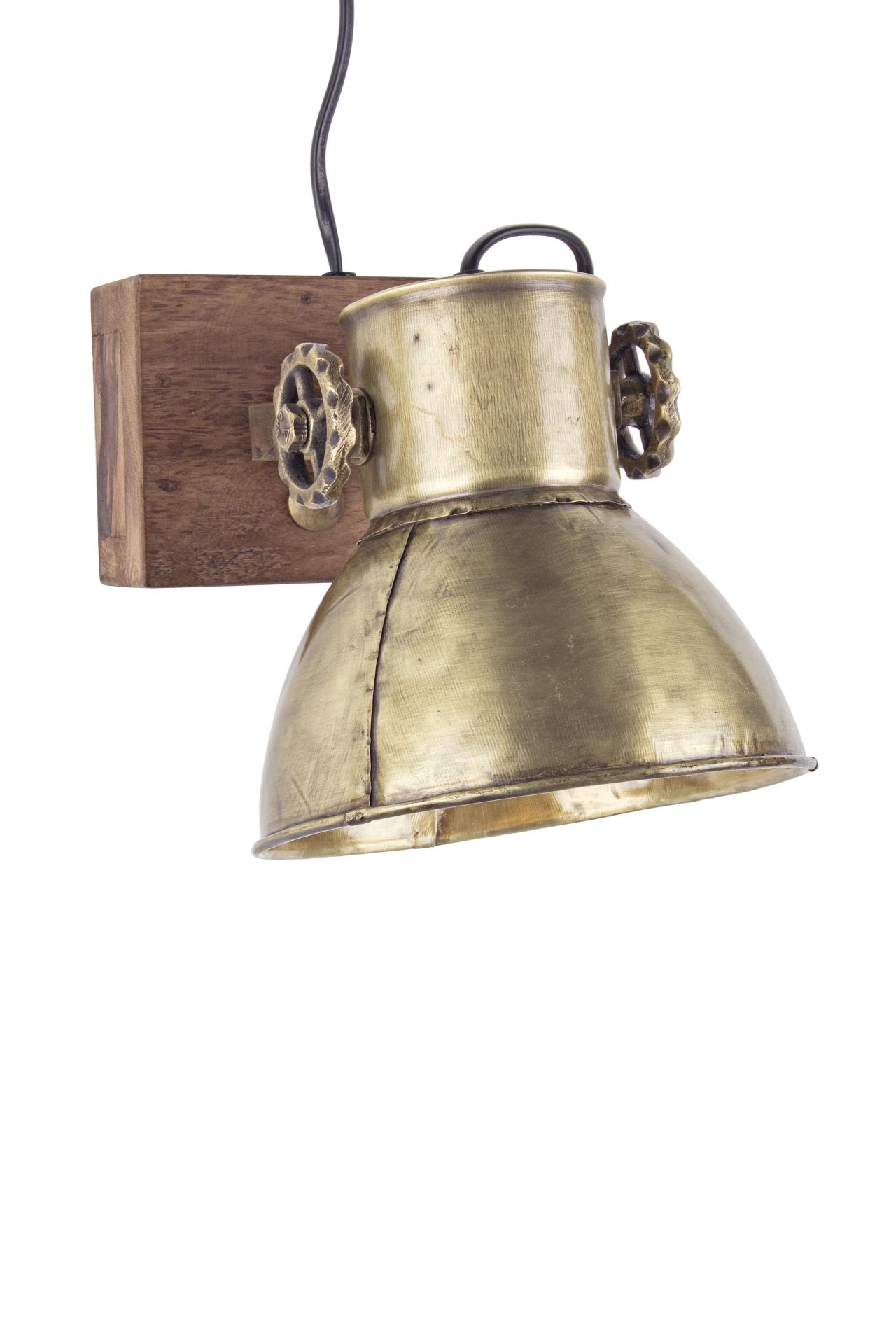 Die Wandleuchte Appllique überzeugt mit ihrem klassischen Design. Gefertigt wurde sie aus Mangoholz, welches einen natürlichen Farbton besitzt. Der Lampenschirm ist aus Metall und hat eine goldene Farbe. Die Lampe besitzt eine Höhe von 27 cm.