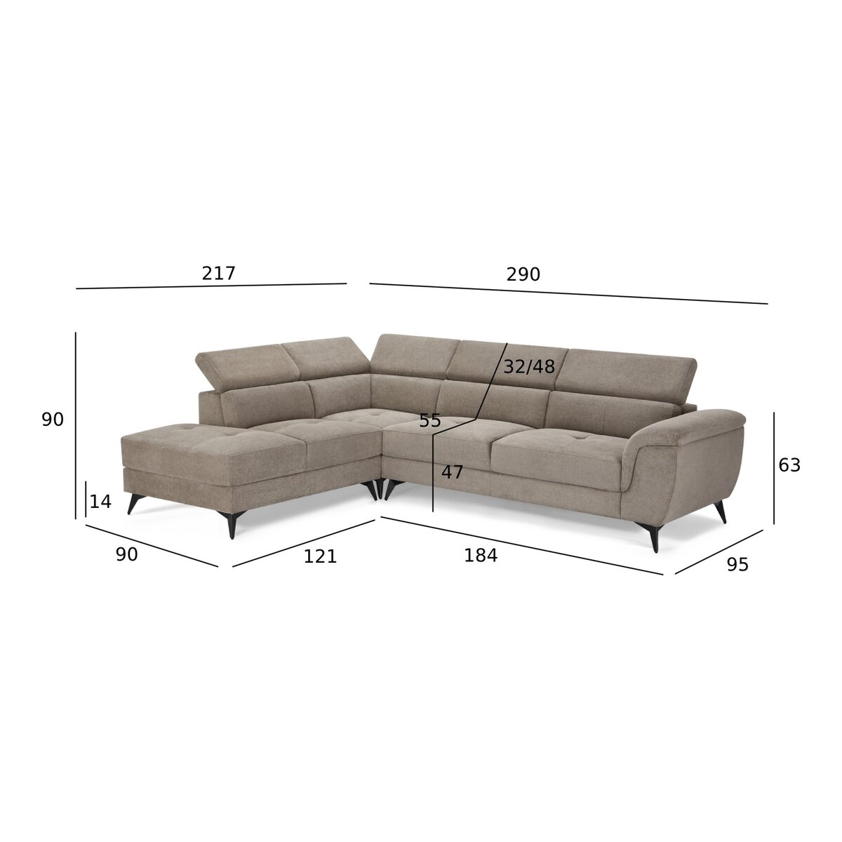 Ecksofa Sibet Links Taupe - mit OEKO-TEX Bezug & Kopfstütze