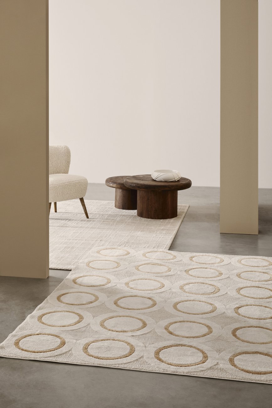 Teppich Zina aus Stoff, Boho Design mit 3D-Optik, Creme Gelb, 160x230 cm, weicher Flor