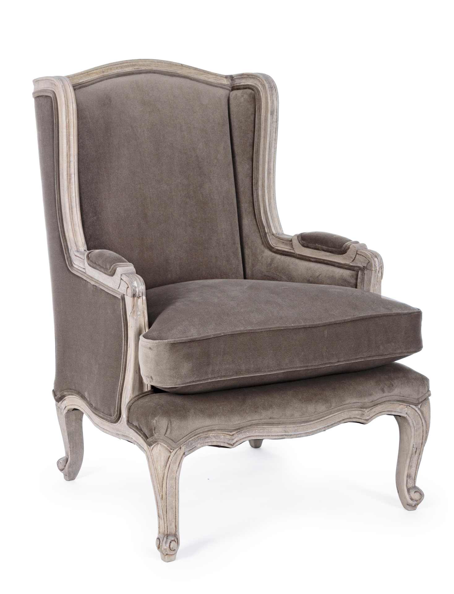 Der Sessel Lorelie überzeugt mit seinem klassischen Design. Gefertigt wurde er aus Stoff in Samt-Optik, welcher einen grauen Farbton besitzt. Das Gestell ist aus Mangoholz und hat eine natürliche Farbe. Der Sessel besitzt eine Sitzhöhe von 53 cm. Die Brei