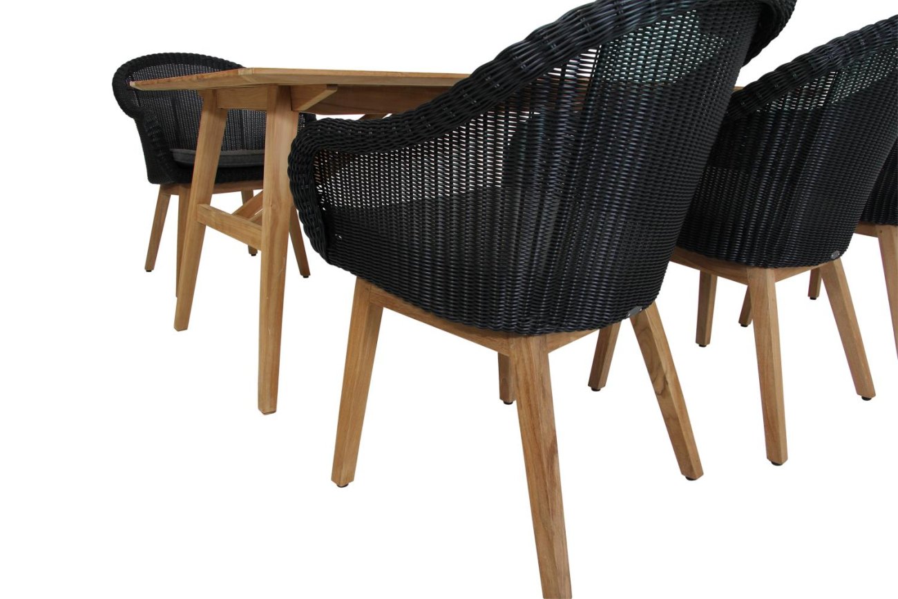 Der Gartenstuhl Beatrice überzeugt mit seinem modernen Design. Gefertigt wurde er aus Rattan, welches einen schwarzen Farbton besitzt. Das Gestell ist aus Teakholz und hat eine natürliche Farbe. Die Sitzhöhe des Stuhls beträgt 49 cm.