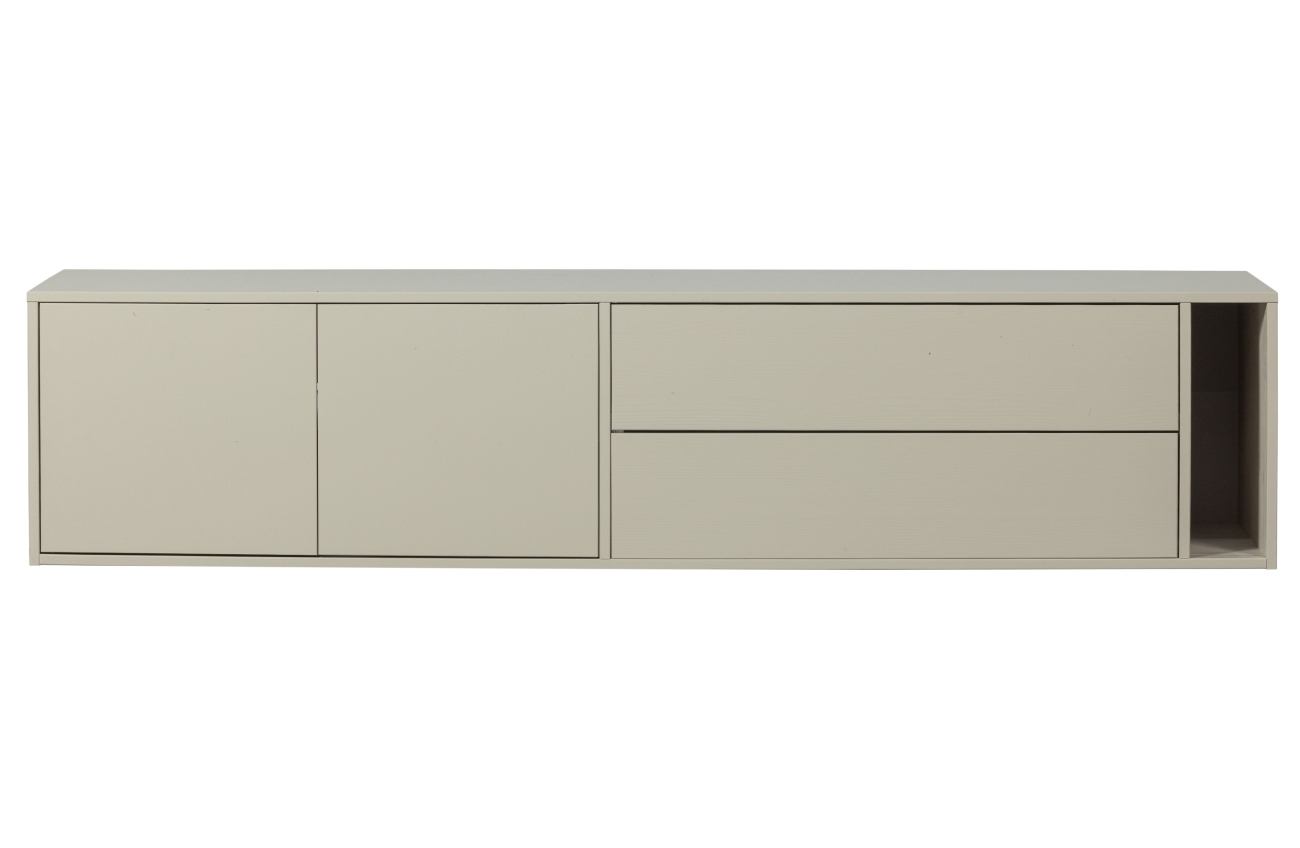 Das TV Board Settle überzeugt mit seinem modernen Stil. Gefertigt wurde es aus Kiefernholz, welches einen hellgrauen Farbton besitzt. Das Gestell ist auch aus Kiefernholz. Das TV Board verfügt über eine zwei Türen und zwei Schubladen. Es hat eine Breite v