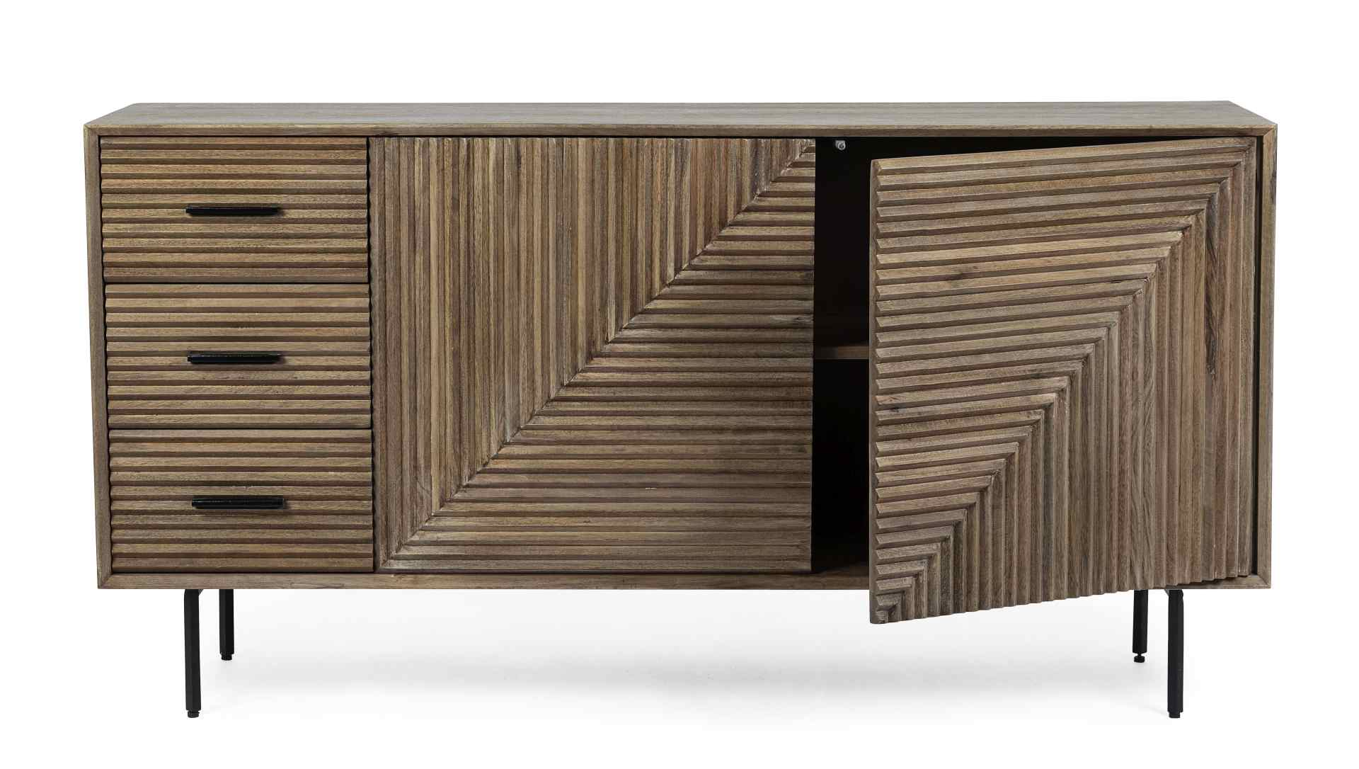 Das Sideboard Darsey überzeugt mit seinem klassischen Design. Gefertigt wurde es aus Mango-Holz, welches einen natürlichen Farbton besitzt. Das Gestell ist aus Metall und hat eine schwarze Farbe. Das Sideboard verfügt über zwei Türen und drei Schubladen. 