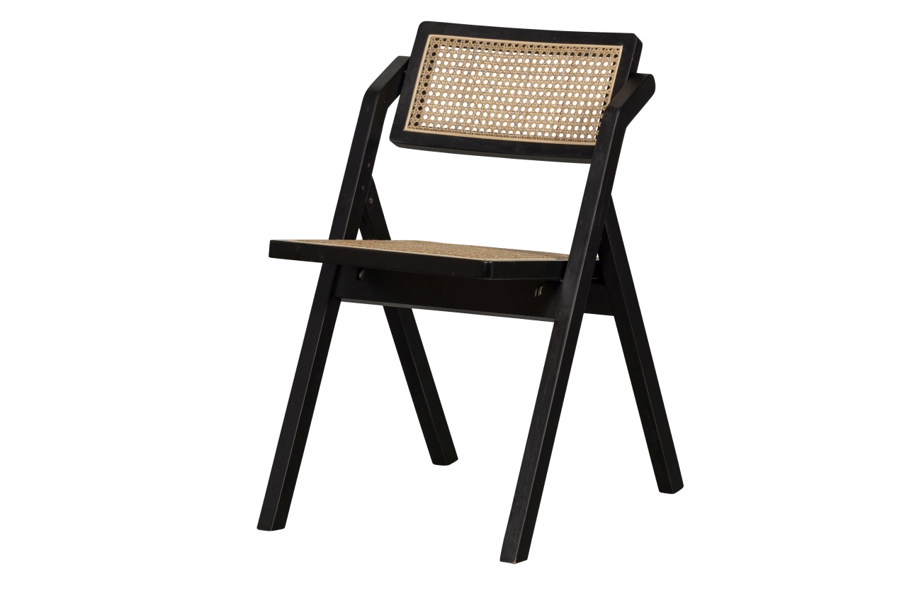 Der Klappstuhl Weft überzeugt mit seinem modernen Design. Gefertigt wurde er aus Rattan, welcher einen natürlichen Farbton besitzt. Das Gestell ist aus Holz und hat eine schwarze Farbe. Der Stuhl besitzt eine Größe von 77x47x60  cm.