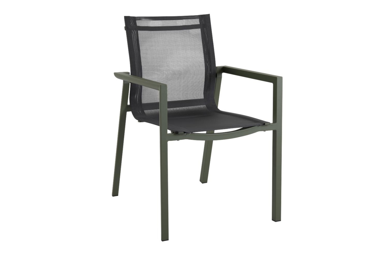 Der Gartenstuhl Delia überzeugt mit seinem modernen Design. Gefertigt wurde er aus Textilene, welches einen schwarzen Farbton besitzt. Das Gestell ist aus Metall und hat eine grüne Farbe. Die Sitzhöhe des Stuhls beträgt 43 cm.