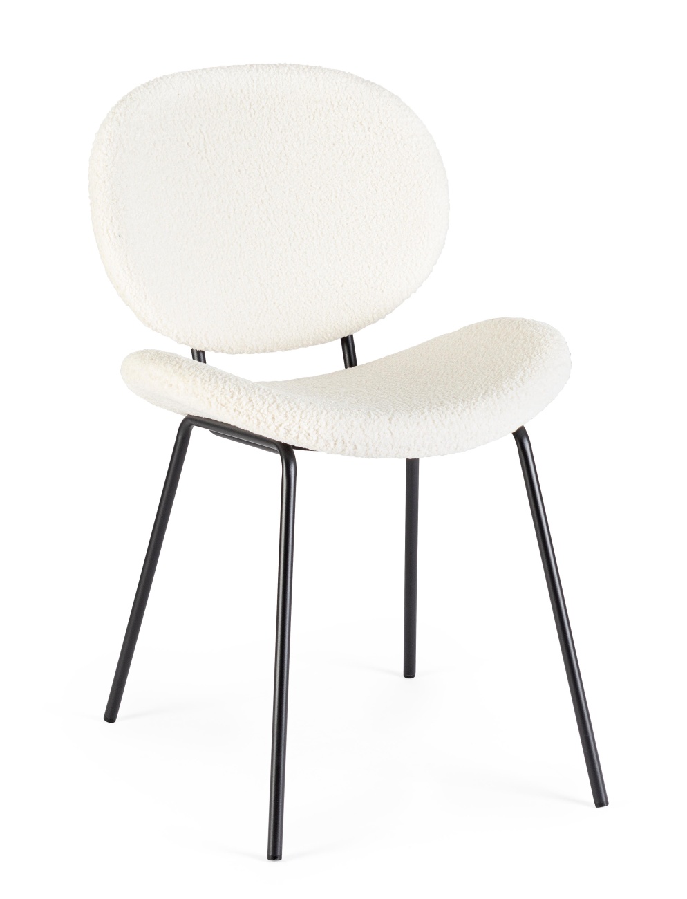 Der Esszimmerstuhl Maddie überzeugt mit seinem modernen Stil. Gefertigt wurde er aus Boucle-Stoff, welcher einen weißen Farbton besitzt. Das Gestell ist aus Metall und hat eine schwarze Farbe. Der Stuhl besitzt eine Sitzhöhe von 46 cm.