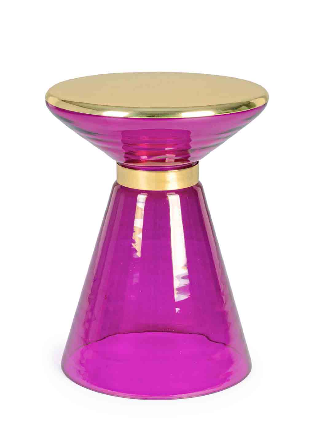 Der Beistelltisch Meriel hat ein modernes Design. Gefertigt wurde der Tisch aus Glas, die Oberfläche ist aus Messing vergoldetem Metall. Der Tisch hat einen Rosa Farbton.