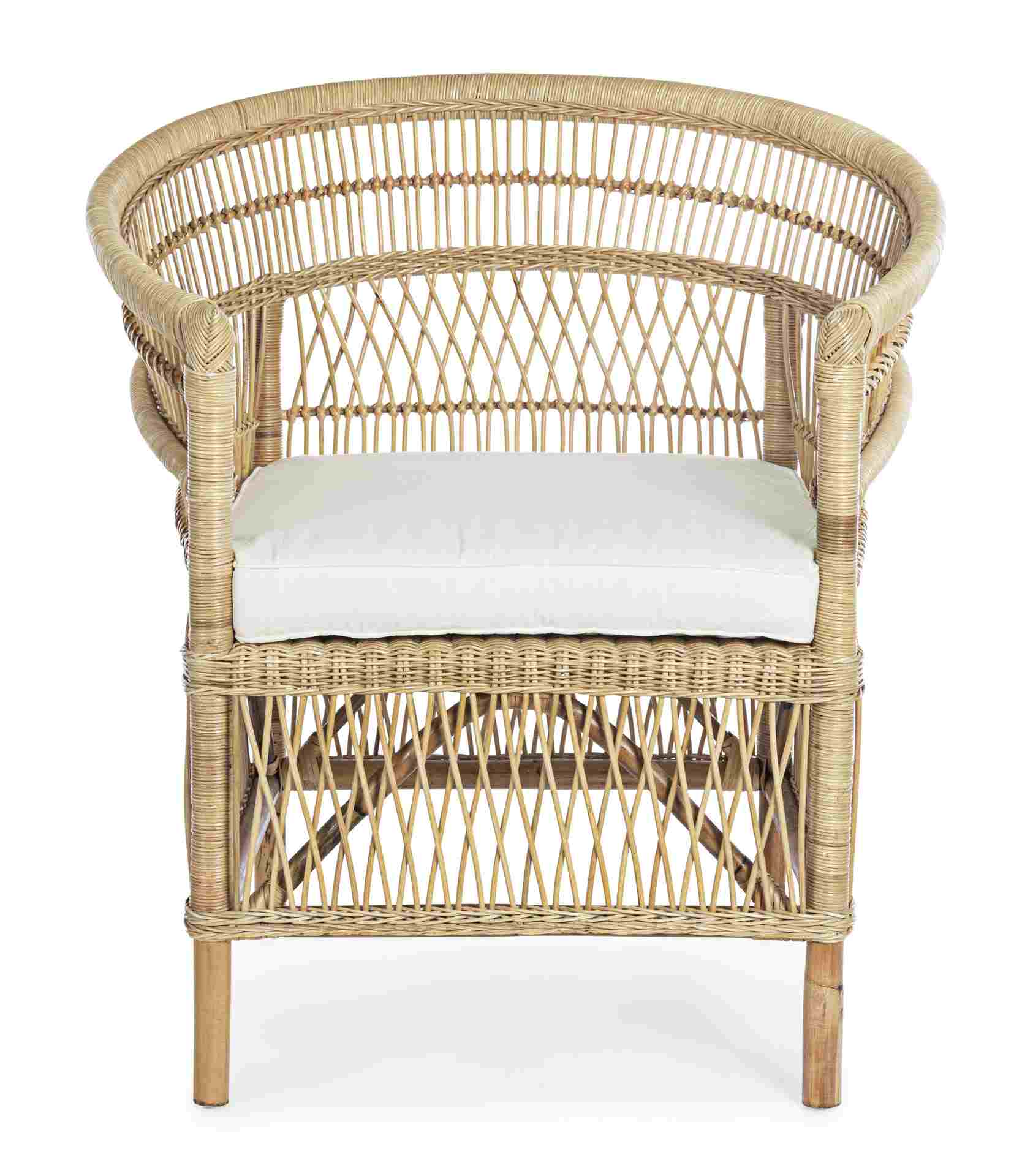 Der Sessel Josefina überzeugt mit seinem klassischen Design. Gefertigt wurde er aus Rattan, welches einen natürlichen Farbton besitzt. Das Gestell ist auch aus Rattan. Der Sessel besitzt eine Sitzhöhe von 41 cm. Die Breite beträgt 79 cm.
