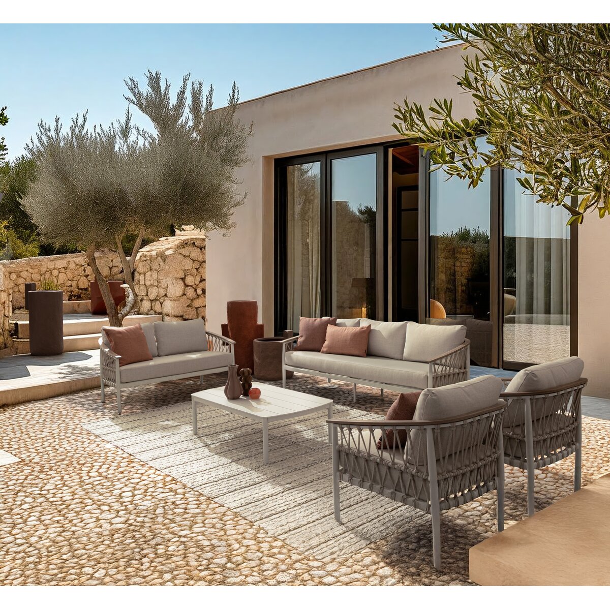 2-Sitzer Gartensofa Fenix - Aluminium & Seilgeflecht, inkl. Kissen, Off-White