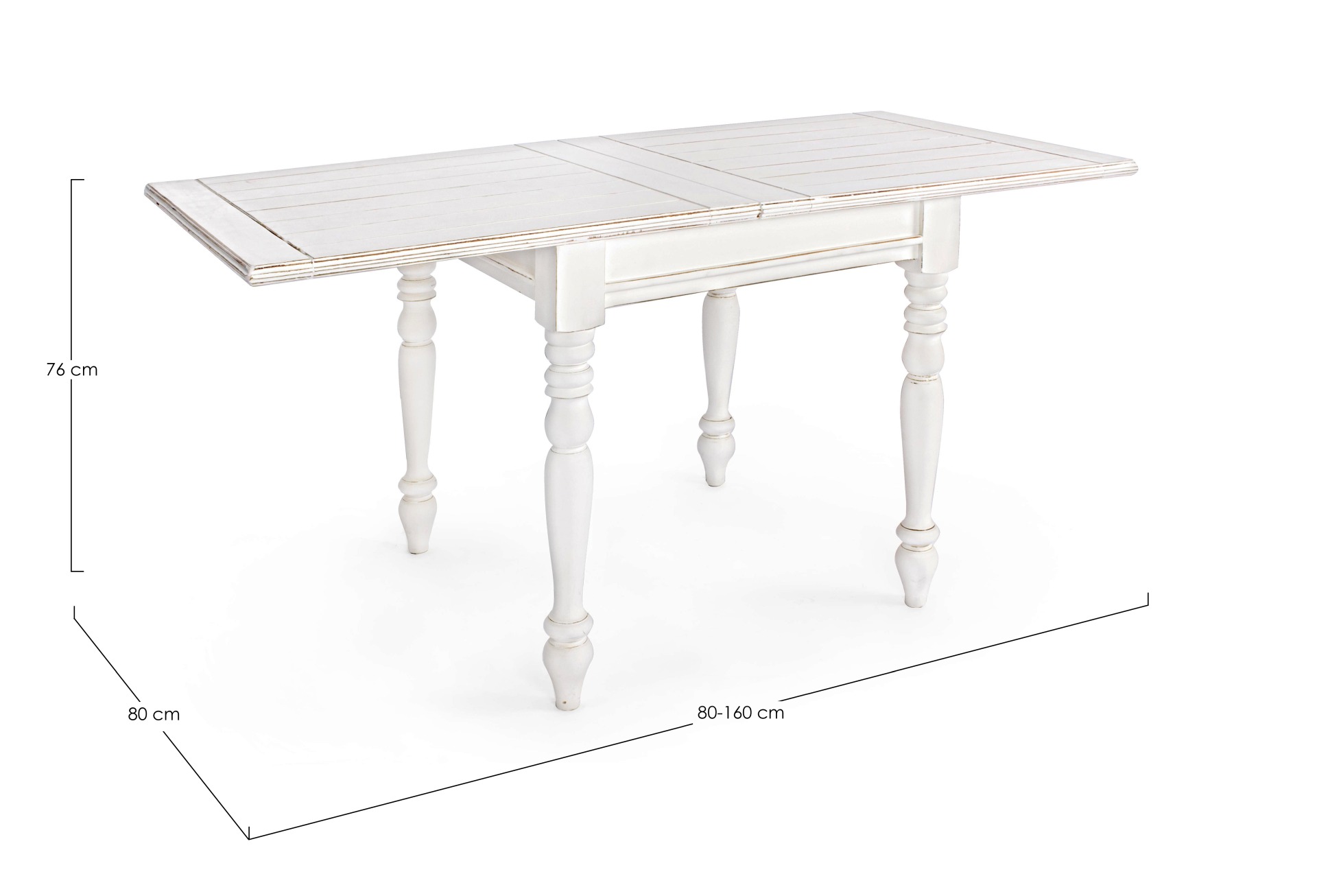 Der Esstisch Colette überzeugt mit seinem klassischem Design. Gefertigt wurde er aus Mangoholz, welches einen weißen Farbton besitzt. Das Gestell des Tisches ist auch aus MAngoholz. Der Tisch ist ausziehbar von einer Breite von 80 cm auf 160 cm.