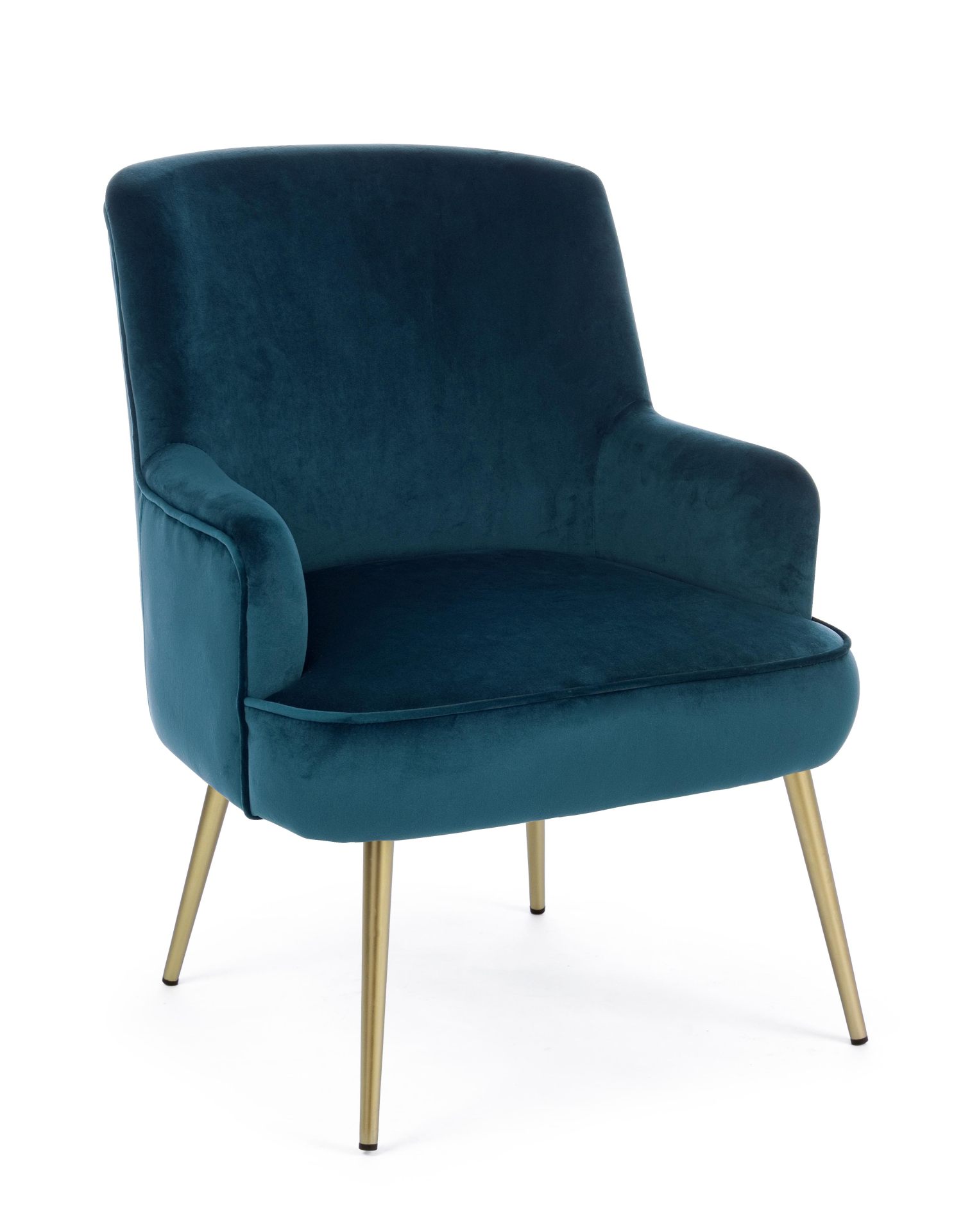 Der Sessel Clelia überzeugt mit seinem modernen Design. Gefertigt wurde er aus Stoff in Samt-Optik, welcher einen blauen Farbton besitzt. Das Gestell ist aus Metall und hat eine goldene Farbe. Der Sessel besitzt eine Sitzhöhe von 43 cm. Die Breite beträgt