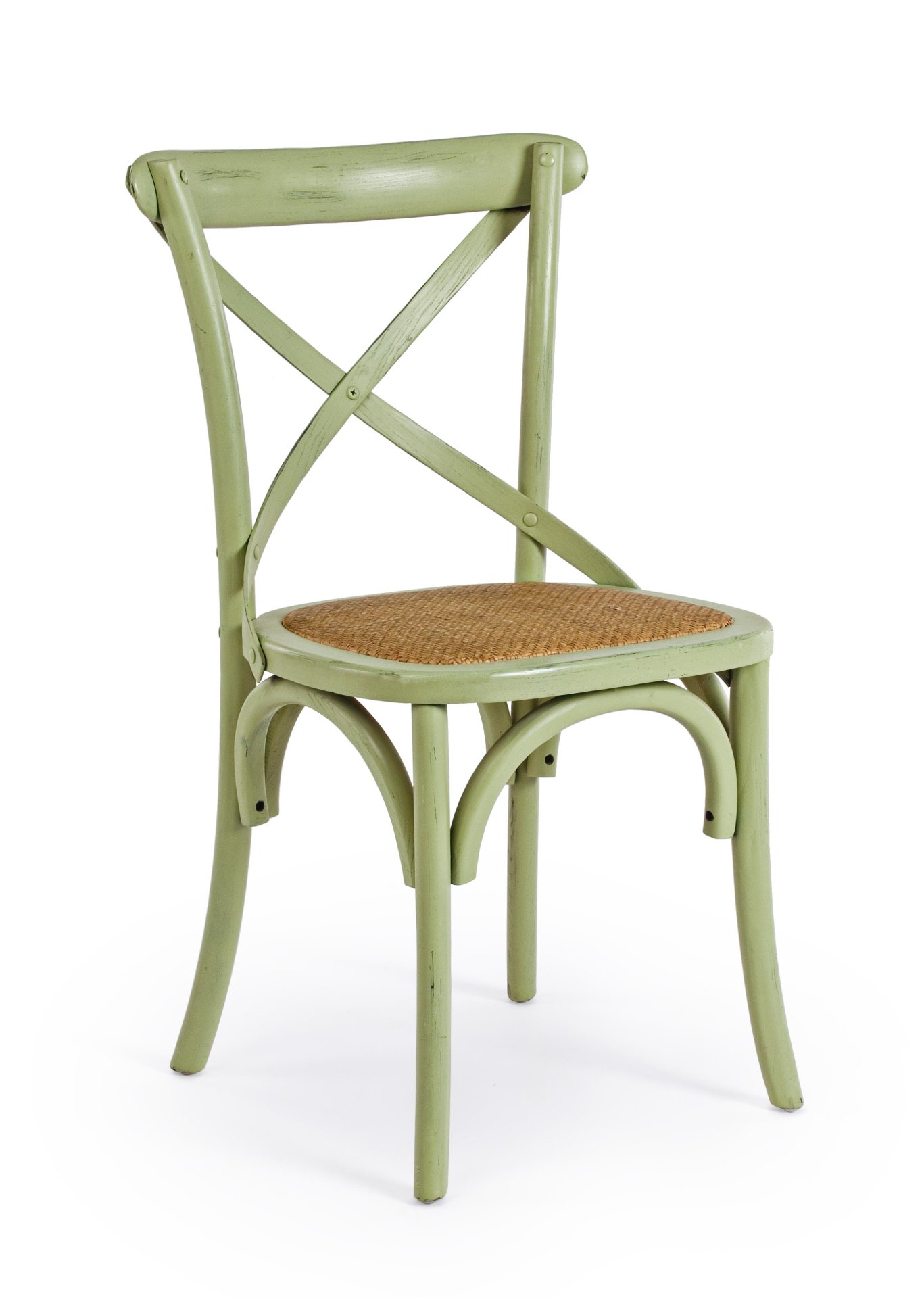 Der Stuhl Cross überzeugt mit seinem klassischen Design. Gefertigt wurde der Stuhl aus Ulmenholz, welches einen grünen Farbton besitzt. Die Sitz- und Rückenfläche ist aus Rattan gefertigt. Die Sitzhöhe beträgt 46 cm.
