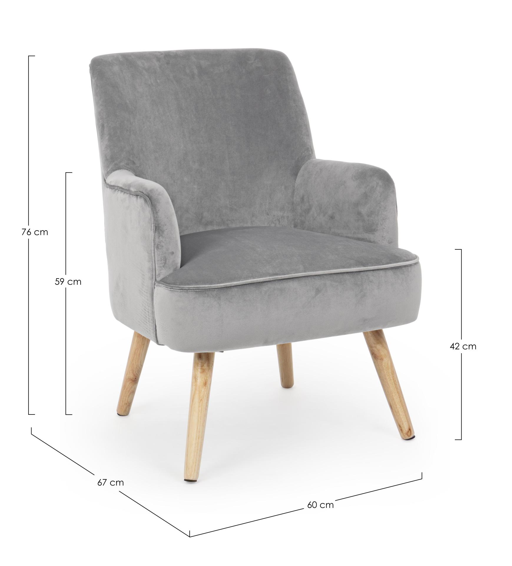 Der Sessel Adeline überzeugt mit seinem klassischen Design. Gefertigt wurde er aus Stoff in Samt-Optik, welcher einen grauen Farbton besitzt. Das Gestell ist aus Buchenholz und hat eine natürliche Farbe. Der Sessel besitzt eine Sitzhöhe von 42 cm. Die Bre