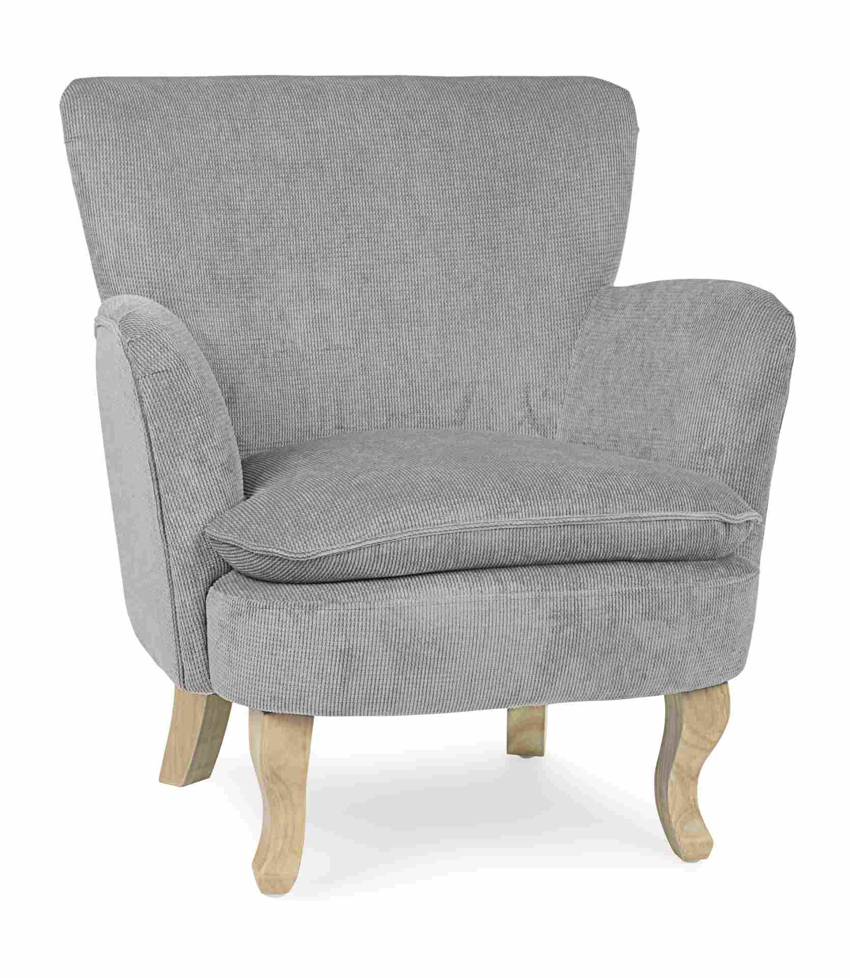 Der Sessel Chenille überzeugt mit seinem klassischen Design. Gefertigt wurde er aus Stoff in Cord-Optik, welcher einen hellgrauen Farbton besitzt. Das Gestell ist aus Kautschukholz und hat eine natürliche Farbe. Der Sessel besitzt eine Sitzhöhe von 45 cm.