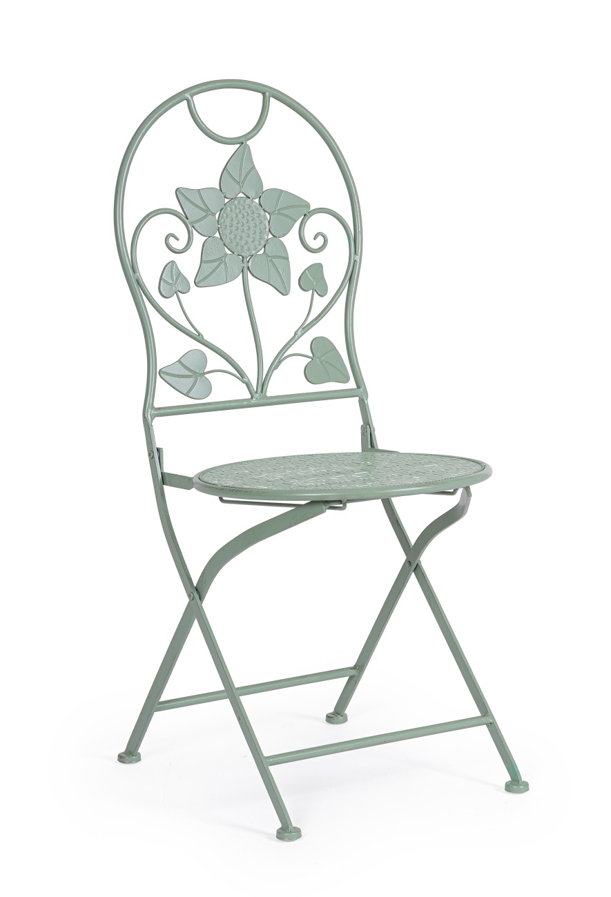 Der Gartenstuhl Harriet überzeugt mit seinem modernen Stil. Gefertigt wurde er aus Metall, welches einen Salbei Farbton besitzt. Das Gestell ist auch aus Metall und der Stuhl ist klappbar.