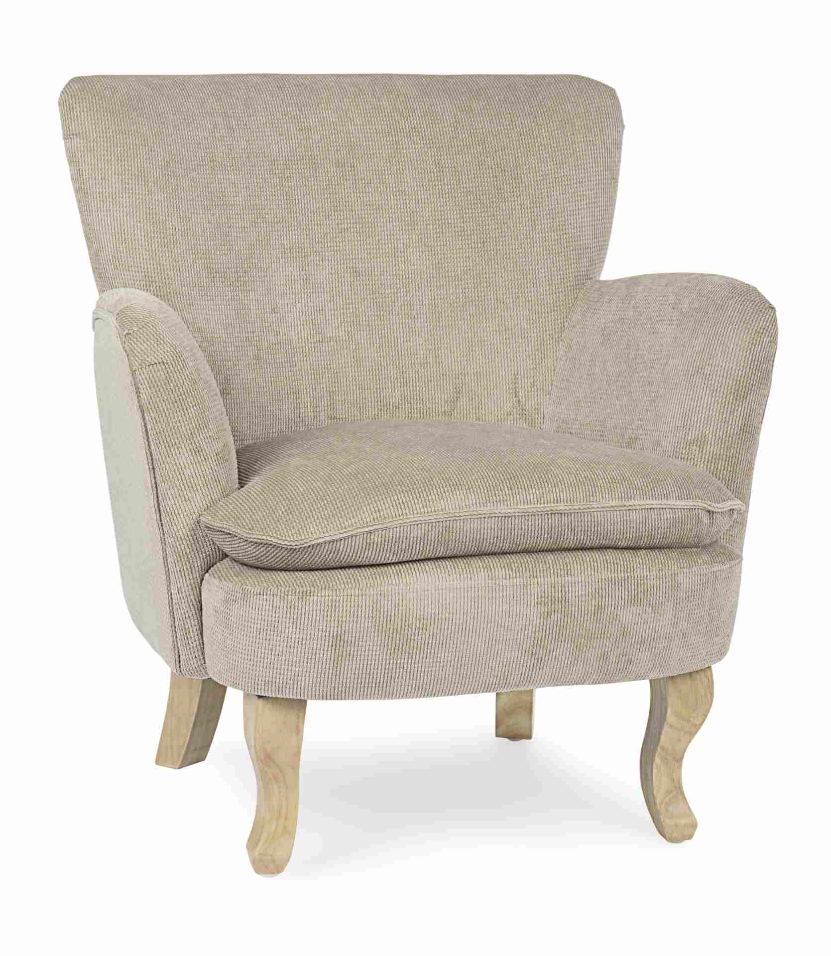 Der Sessel Chenille überzeugt mit seinem klassischen Design. Gefertigt wurde er aus Stoff in Cord-Optik, welcher einen Taupe Farbton besitzt. Das Gestell ist aus Kautschukholz und hat eine natürliche Farbe. Der Sessel besitzt eine Sitzhöhe von 45 cm. Die 