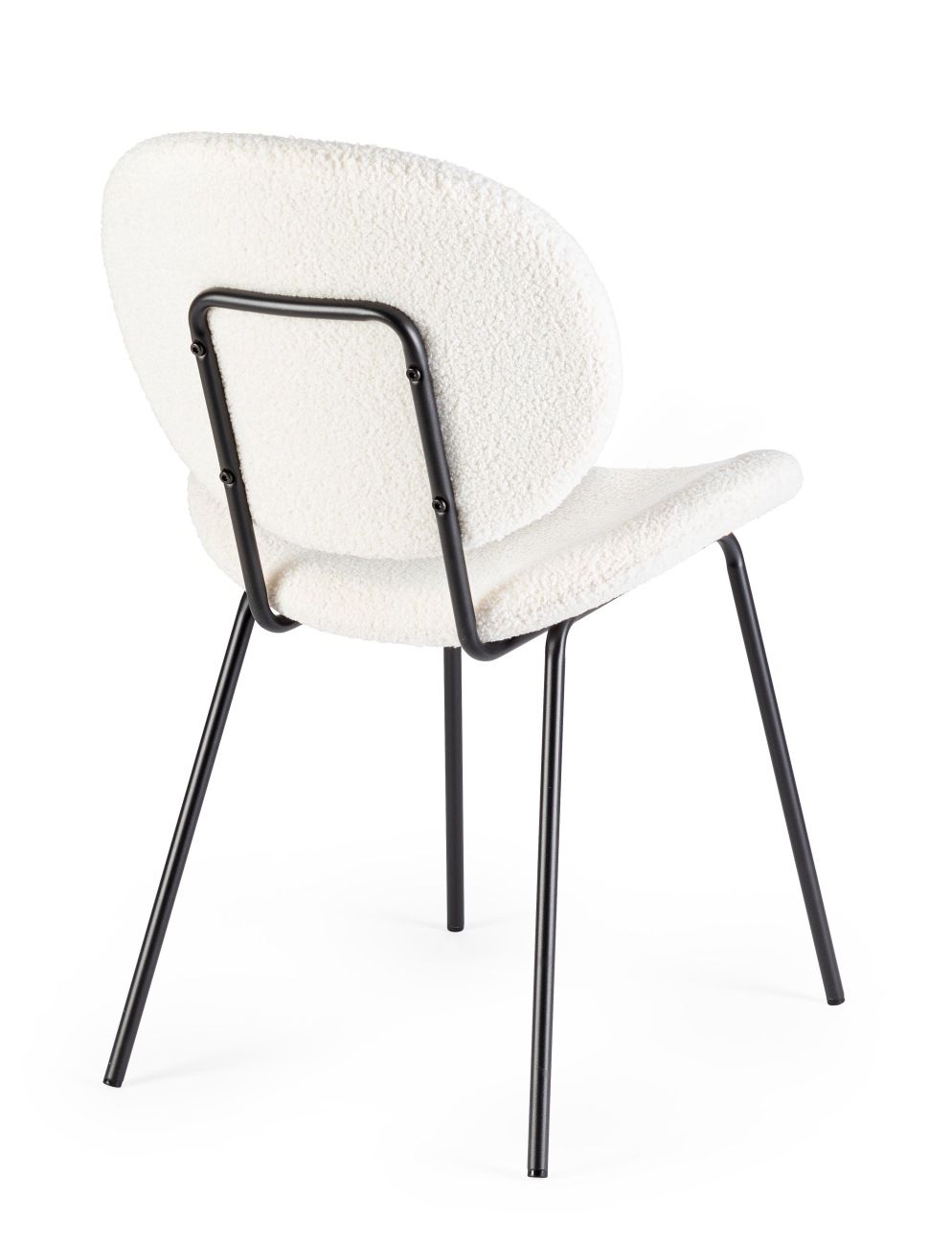 Der Esszimmerstuhl Maddie überzeugt mit seinem modernen Stil. Gefertigt wurde er aus Boucle-Stoff, welcher einen weißen Farbton besitzt. Das Gestell ist aus Metall und hat eine schwarze Farbe. Der Stuhl besitzt eine Sitzhöhe von 46 cm.