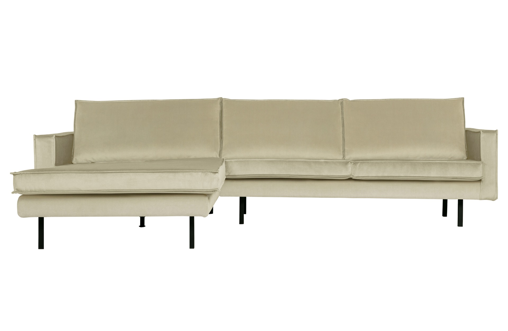 Das Ecksofa Sofa Rodeo Chaiselounge überzeugt mit seinem modernem Design. Gefertigt wurde das Sofa aus einem Samt Bezug, welcher einen Pistazie Farbton besitzt. Die Beine sind aus Metall und haben eine schwarze Farbe.