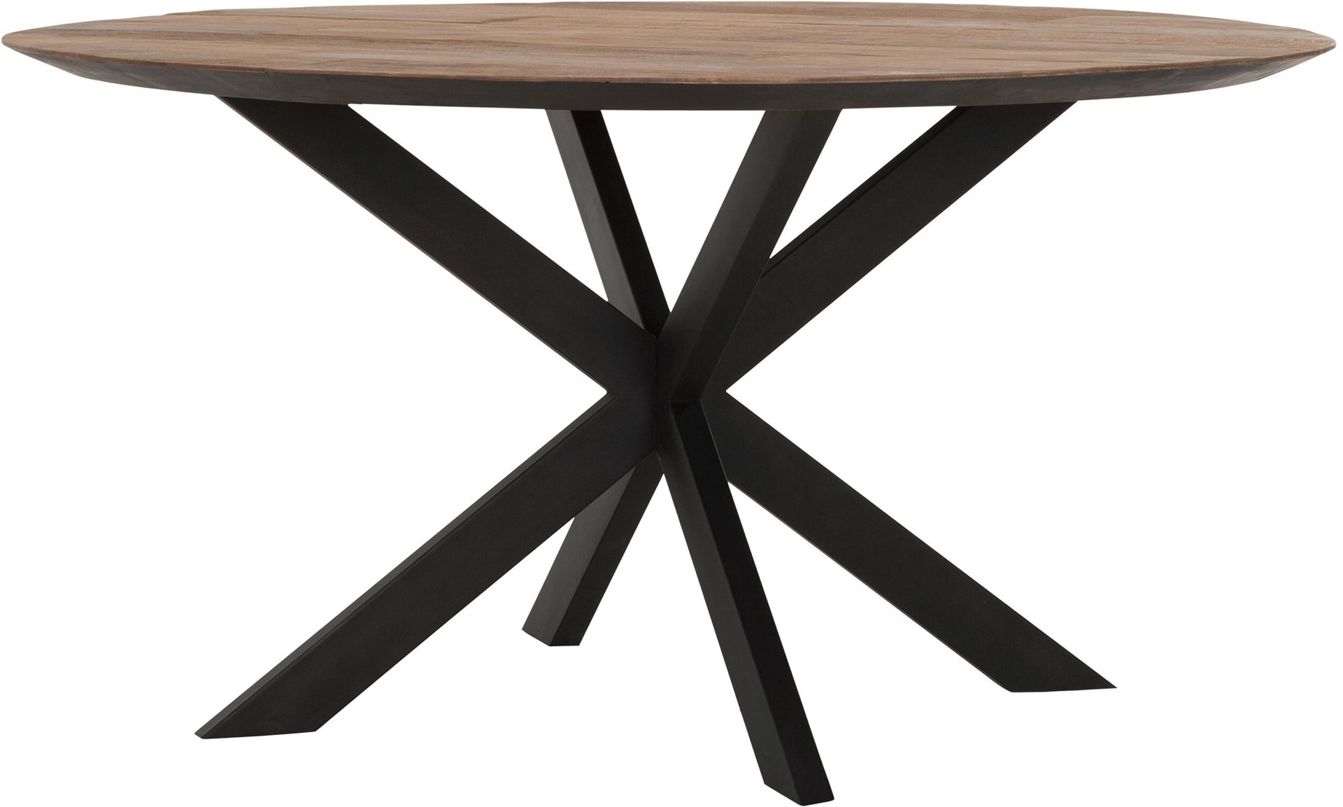 Der Esstisch Shape überzeugt mit seinem modernem aber auch massivem Design. Gefertigt wurde der Tisch aus recyceltem Teakholz, welches einen natürlichen Farbton besitzt. Das Gestell ist aus Metall und ist Schwarz. Der Tisch hat einen Durchmesser von 150 c