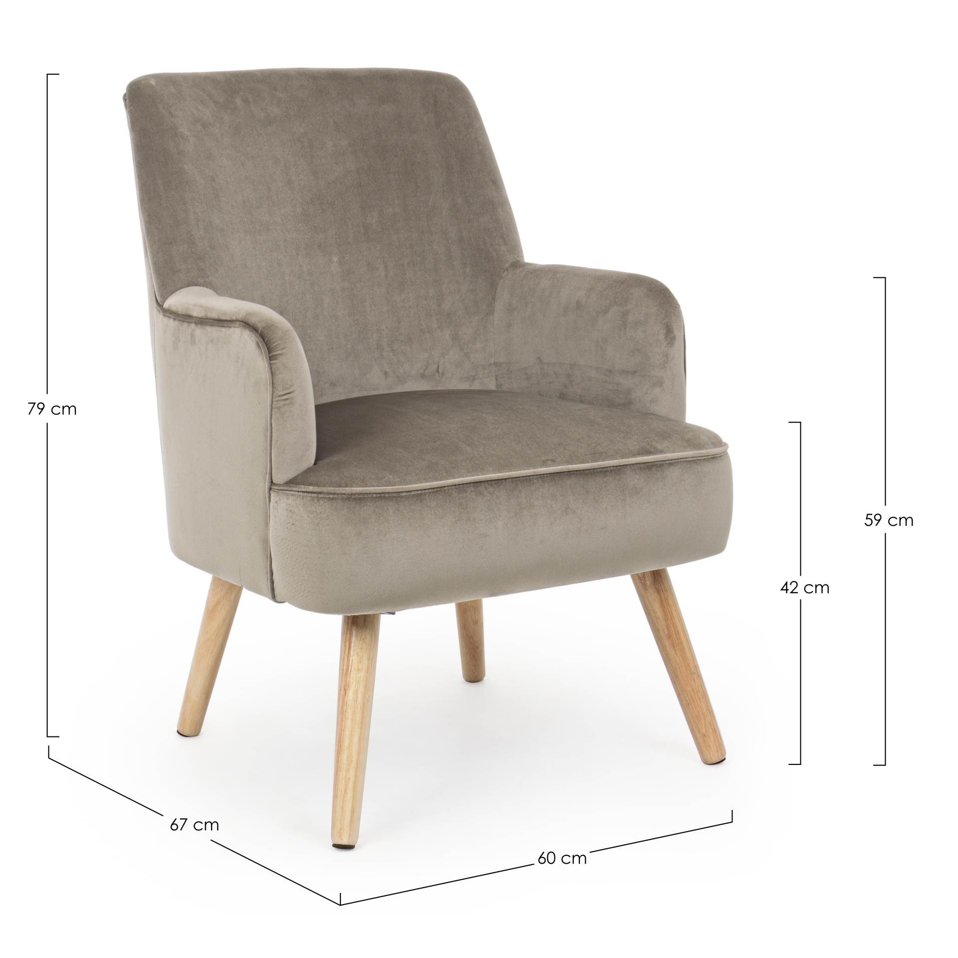Der Sessel Adeline überzeugt mit seinem klassischen Design. Gefertigt wurde er aus Stoff in Samt-Optik, welcher einen Taupe Farbton besitzt. Das Gestell ist aus Buchenholz und hat eine natürliche Farbe. Der Sessel besitzt eine Sitzhöhe von 42 cm. Die Brei