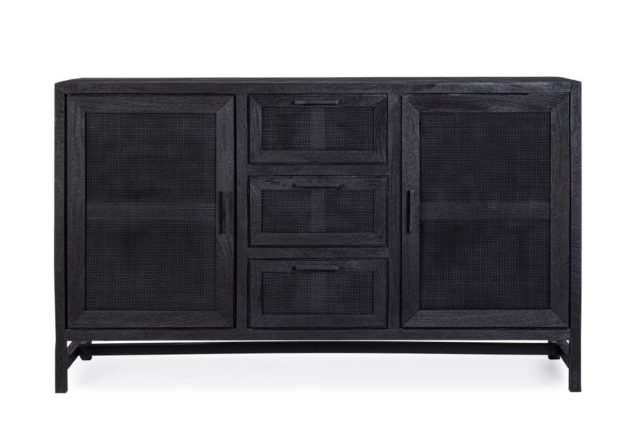 Das Sideboard Weston überzeugt mit seinem modernen Stil. Gefertigt wurde es aus Mangoholz, welches einen schwarzen Farbton besitzt. Das Gestell ist auch aus Mangoholz und hat eine schwarze Farbe. Das Sideboard verfügt über zwei Türen und drei Schubladen.